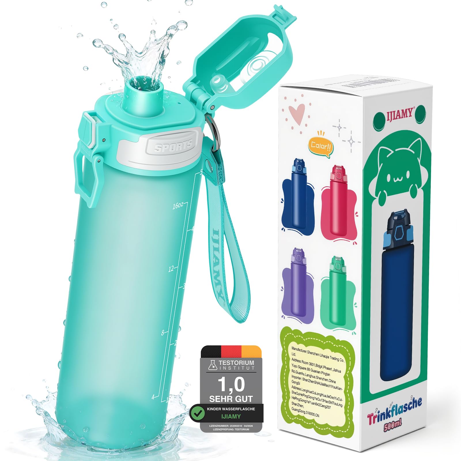 IJIAMY Trinkflasche Kinder Kohlensäure Geeignet 500ml, BPA-Frei, Mit Fruchteinsatz - Trinkflasche Sport 100% Auslaufsicher & Wasserflasche Perfekt für Kindergarten, Schule