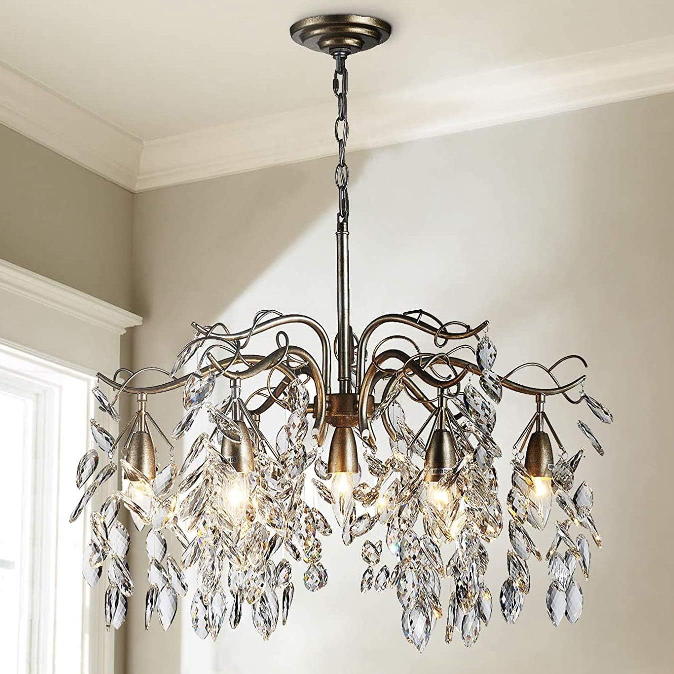 Buy 1 get 1 🔥 Saint Mossi K9 Crystal Chandelier with 7 Lights,Raindrop Chandelier in Vintage Silver Painted Arms,Crystal Pendant Light for Dining Room,Bedroom,Living Room,H22 x W24 x L24 with Adjustable Chain