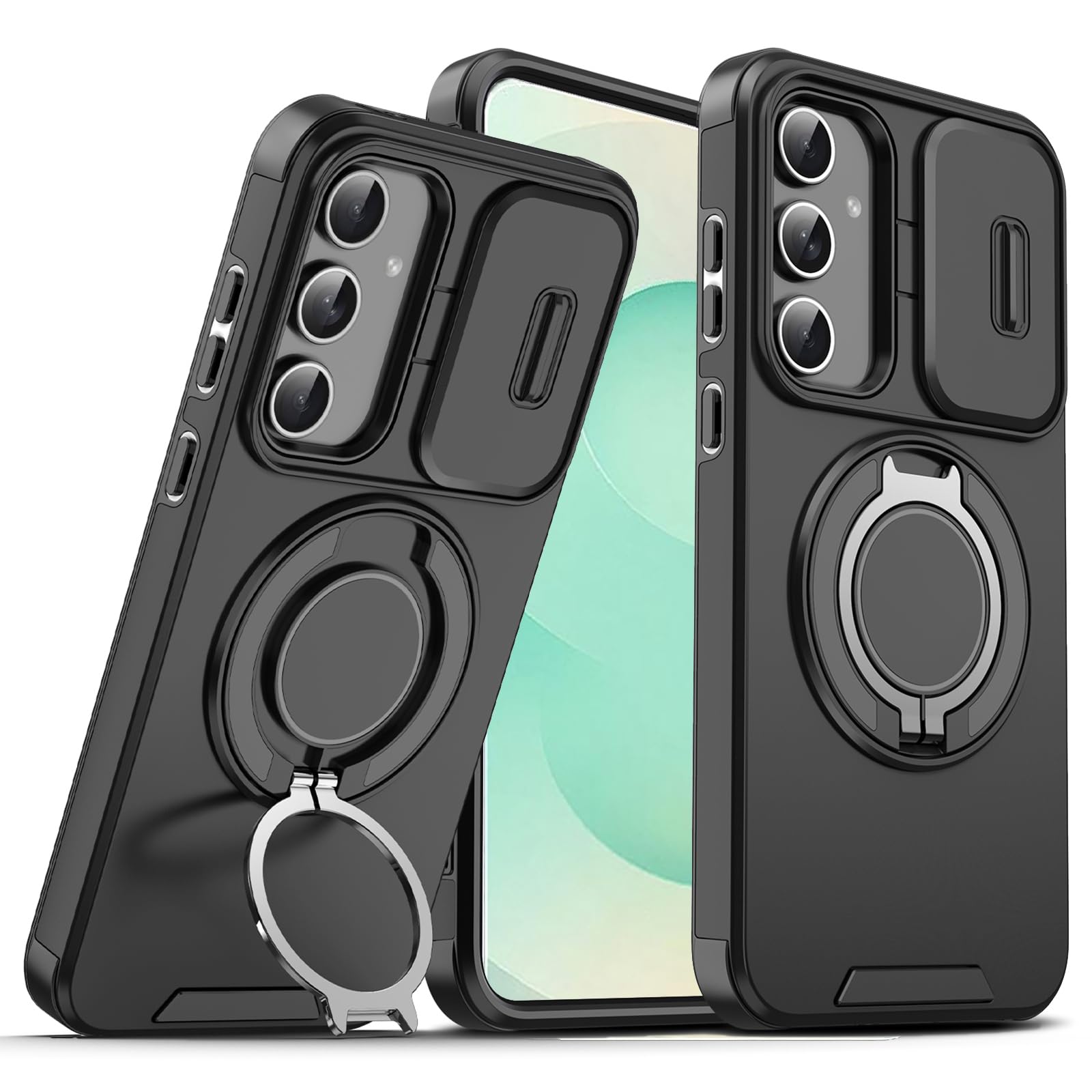 for Samsung S25 Plus Case/Samsung S24 Plus Case with[Slide Camera Cover][360° Rotate Ring Stand][Military-Grade Protective]Heavy Duty Protect Shockproof for Galaxy S25 Plus Cover/S24 Plus Cover-Black