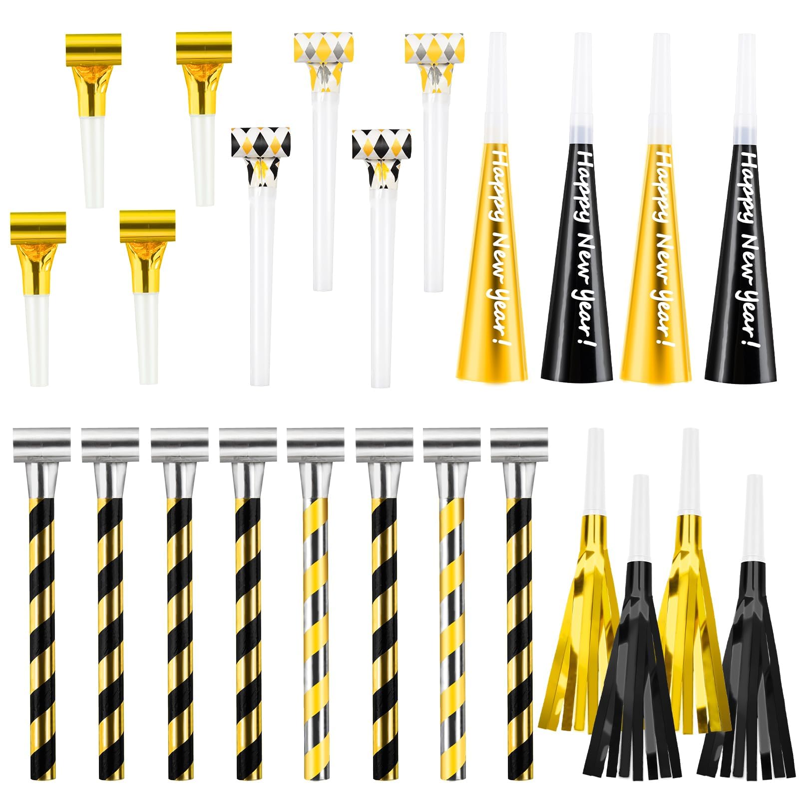 Demonwer 24 Pcs New Year Party Blowers Horns Set Musical Paper Noisemakers Glitter Fringed Metal Blowouts Colorful Whistles for New Years Eve Party Supplies