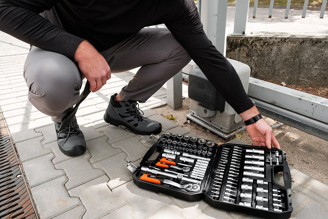 NEO TOOLS Juego de 110 llaves de vaso universales de 1/2" y 1/4" de acero al cromo vanadio con 72 dientes finos, incluye insertos Torx, tuercas hexagonales