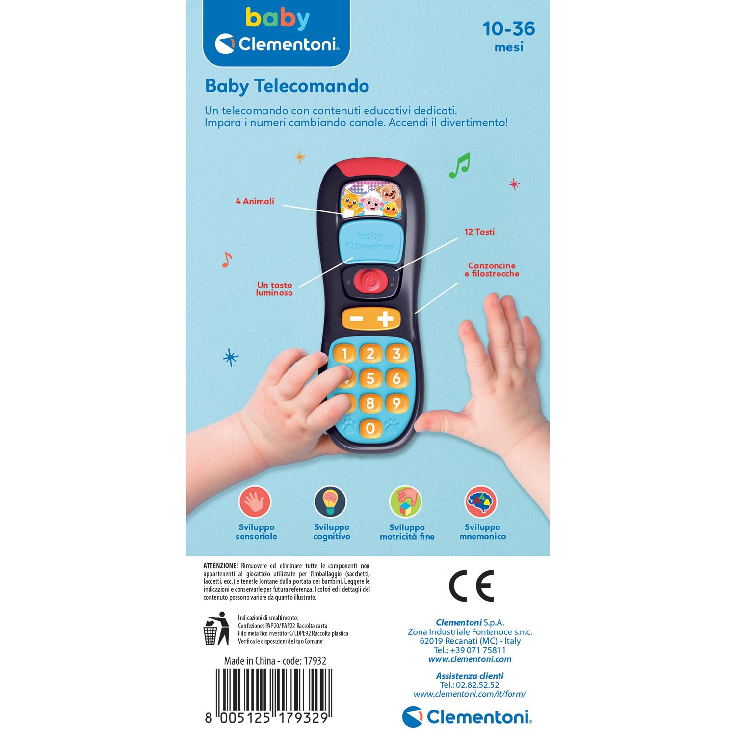Clementoni Baby Baby Telecomando, Gioco Prima Infanzia Bambini 10-36 Mesi, Centro attività con 12 Tasti per Imparare Parole, Animali e Numeri con Canzoni e Filastrocche, Lingua Italiana, 17932