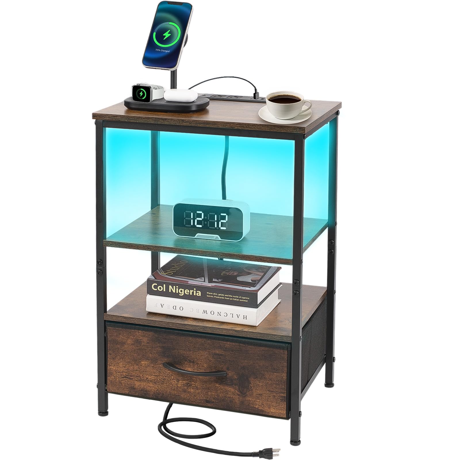 Jubeoyey Night Stand with Charging Station, Bedside Table with Adjustable Fabric Drawers, End Table with LED Lights, Side Table with USB Ports Open