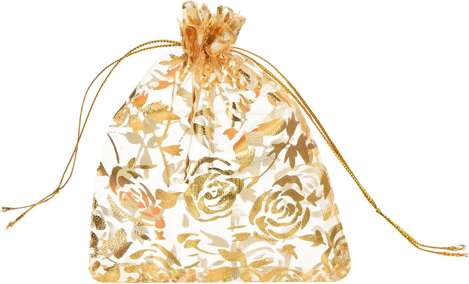 MECCANIXITY Organza Bag 4" x 5", Sheer Flower Heart Mesh Bags Drawstring Gift Bags Bulk Party Favor Bag Jewelry Pouches for Wedding Candy Valentines (Gold, Pack of 50)