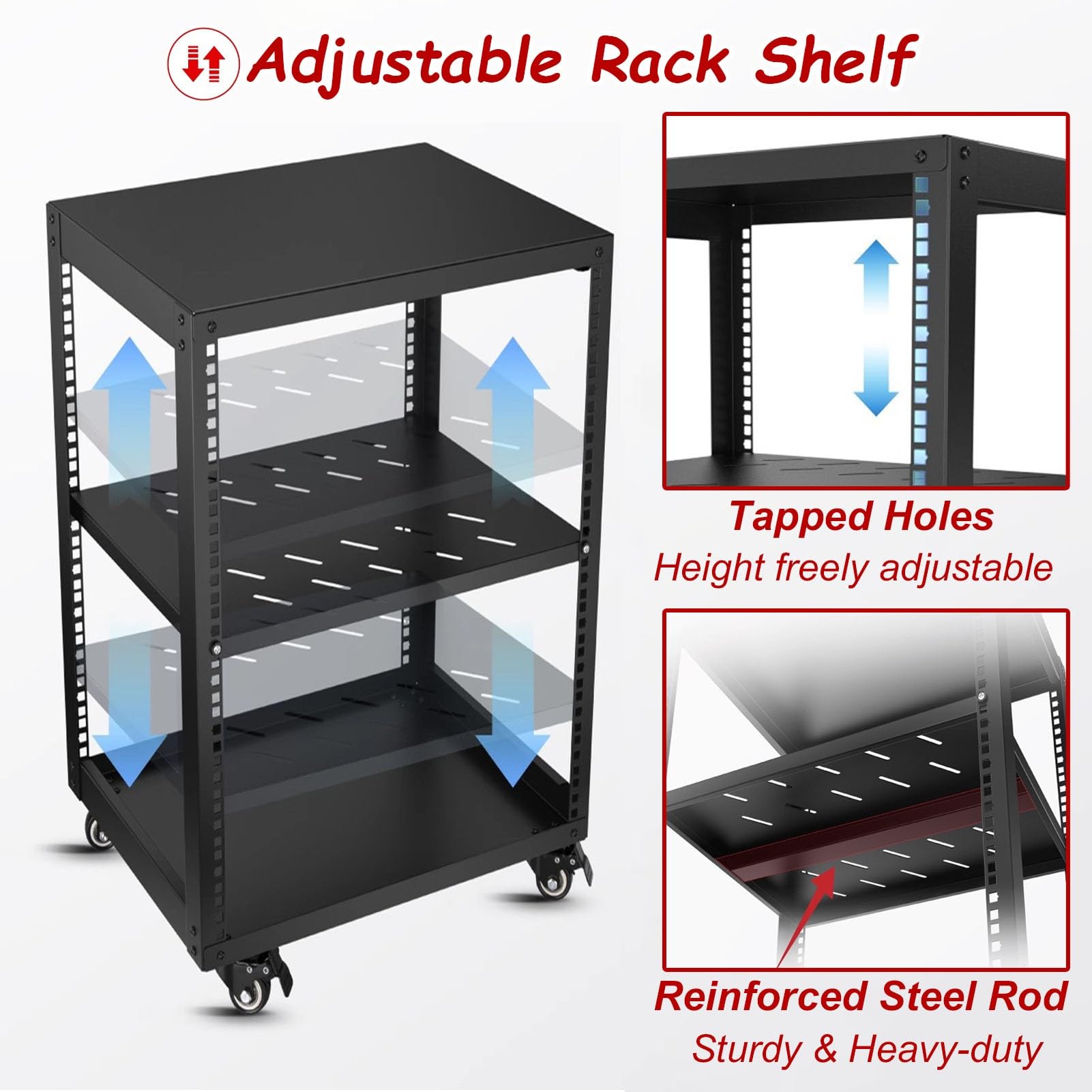 Vibeo Rack di Rete a Telaio Aperto Rack per Server Ventilato con Ripiani e 4 Ruote, Rack di Rete a Telaio Aperto 12U 16U 20U, Sistema Rack Audio per Apparecchiature di Rete da 48 cm(12U,2 Tier)