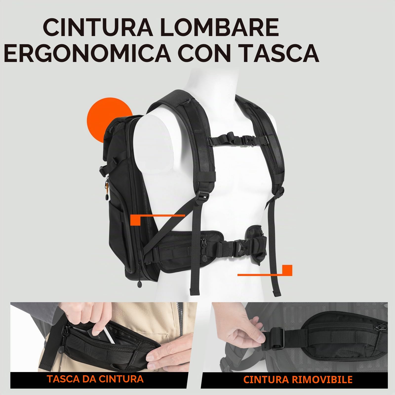 TARION Grande Zaino Fotografico Professionale - Zaino per Fotocamera con Scomparto per Laptop da 16 pollici - Patta Superiore Magnetica e Cintura Staccabile, Copertura Antipioggia (Thorner)