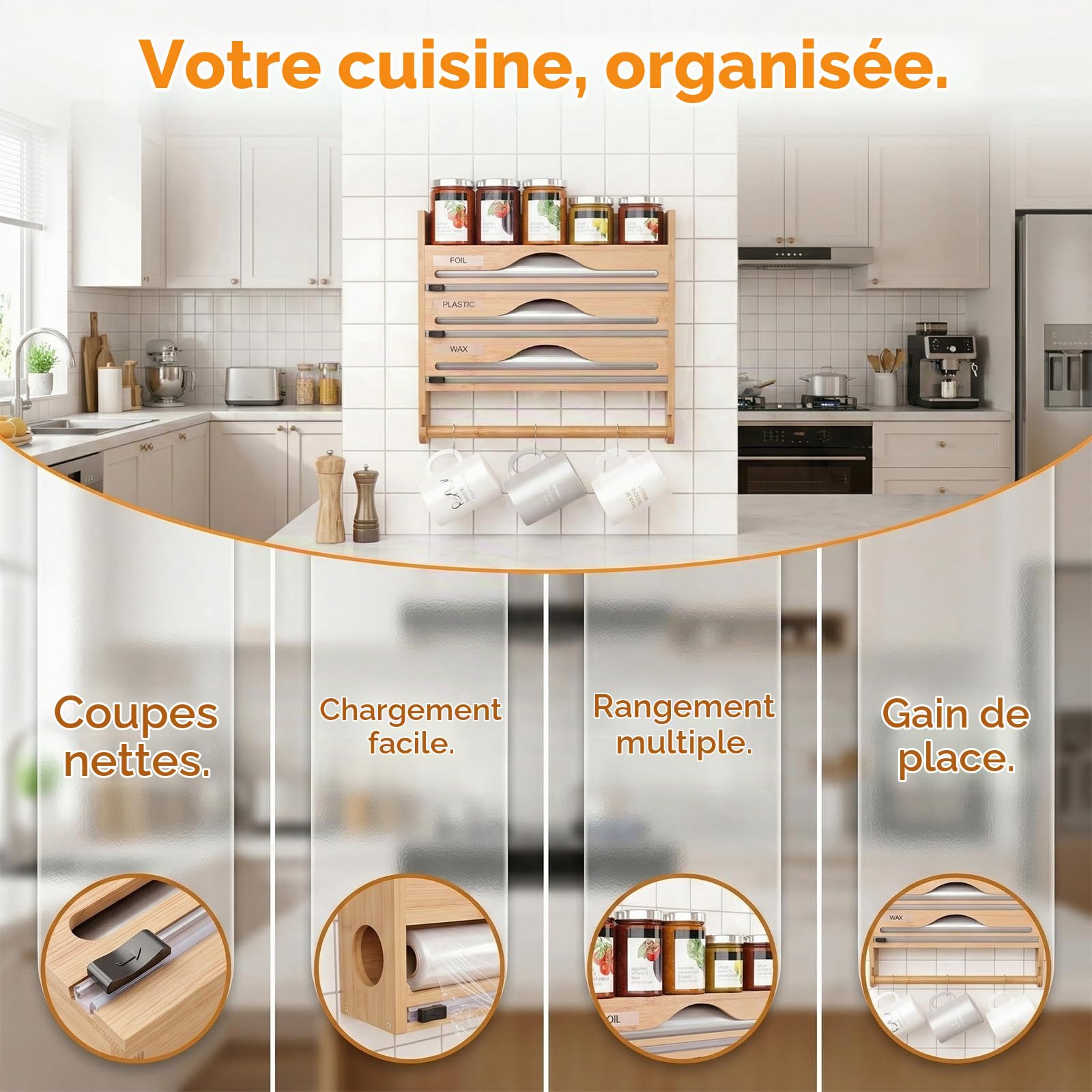 Distributeur Papier Aluminium Mural 5 en 1 Bambou Organisateur Cuisine