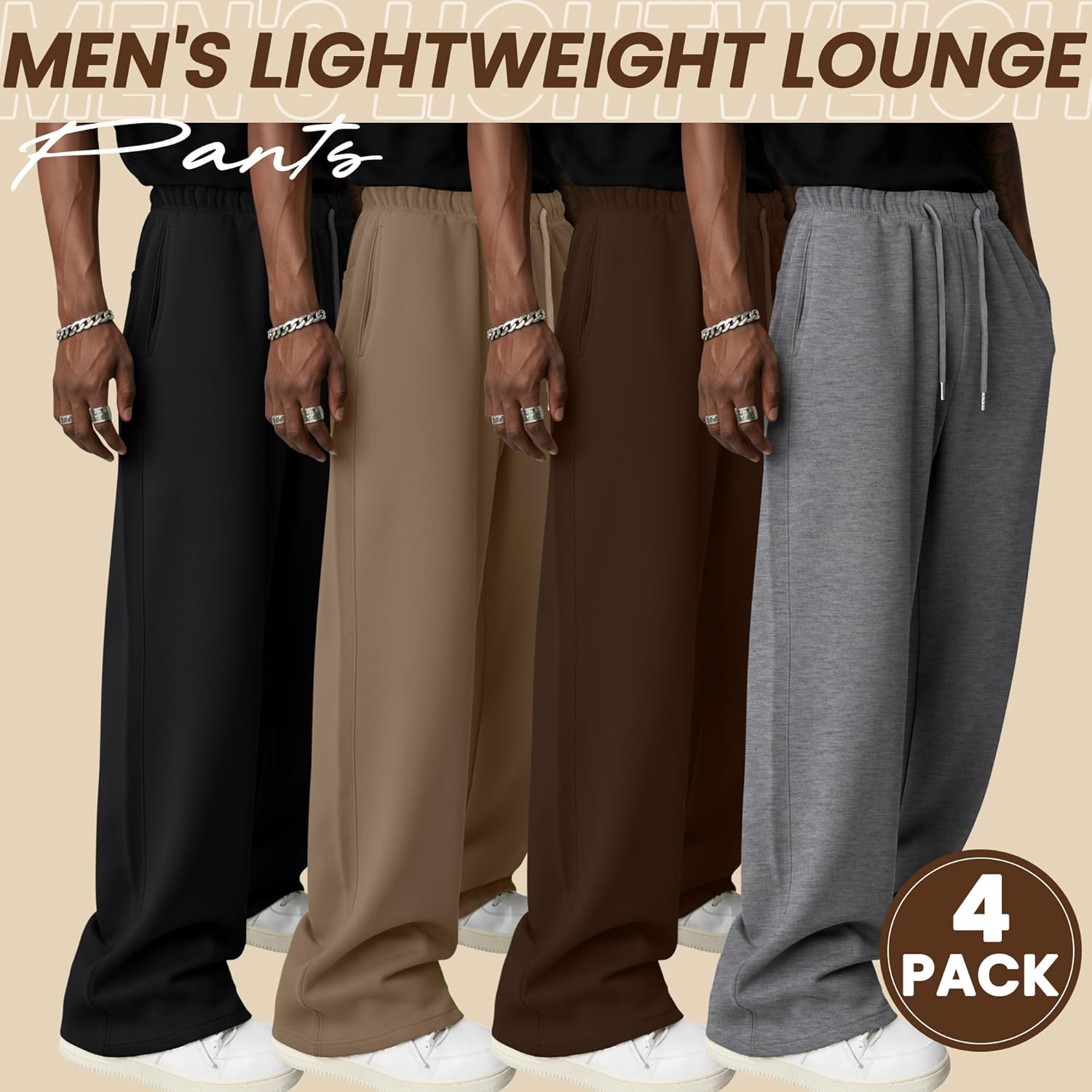 Neer 4 Pack Men's Lightweight Sweatpants Athletic Wide Leg Drawstring Open Bottom Pants Baggy Joggers Lounge with Pockets
