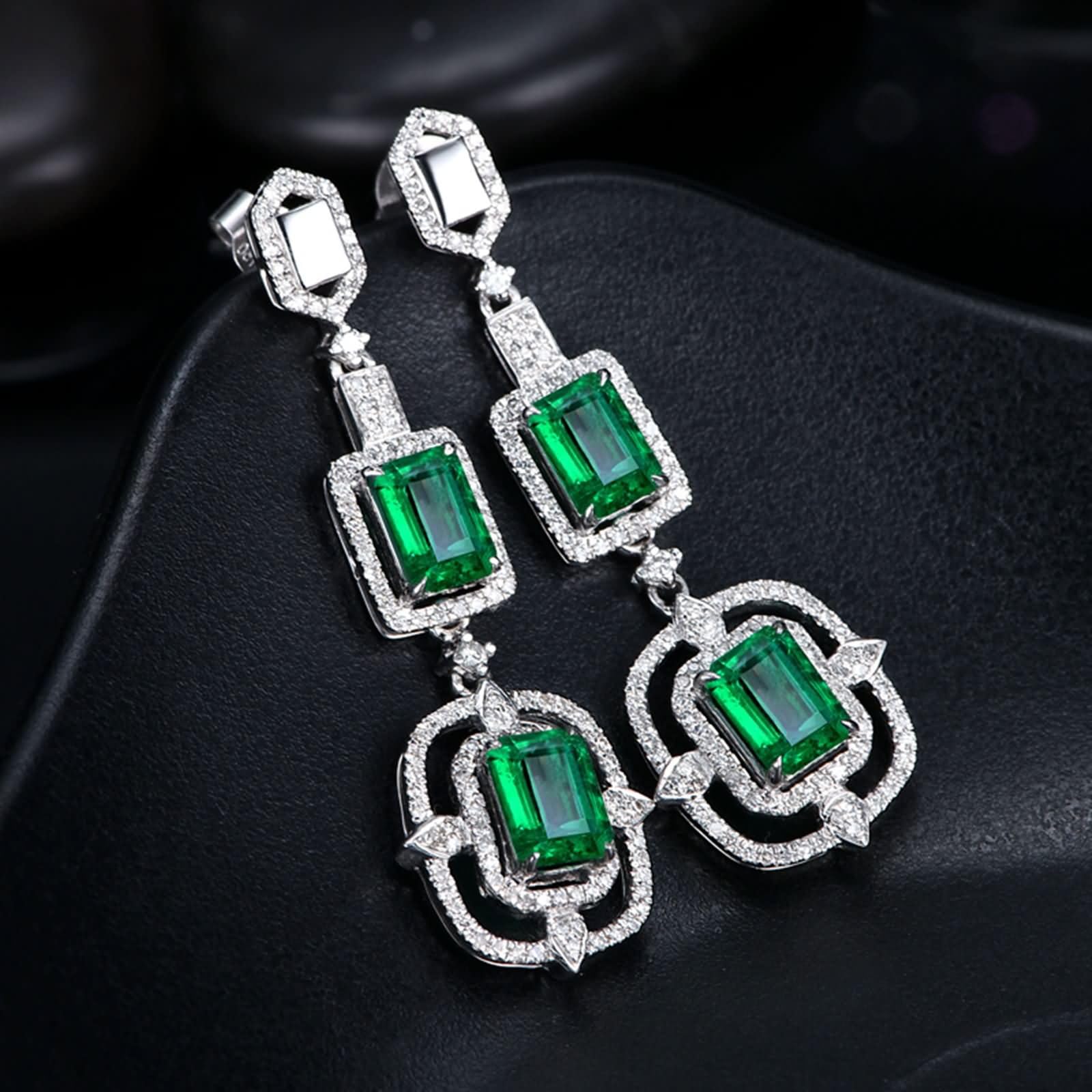 Damen Ohrringe Weißgold 9K / 14K / 18 Karat, Rechteck mit Smaragd 2,6 Karat und Diamant, Damen Hochzeit Ohrringe Silber Grün