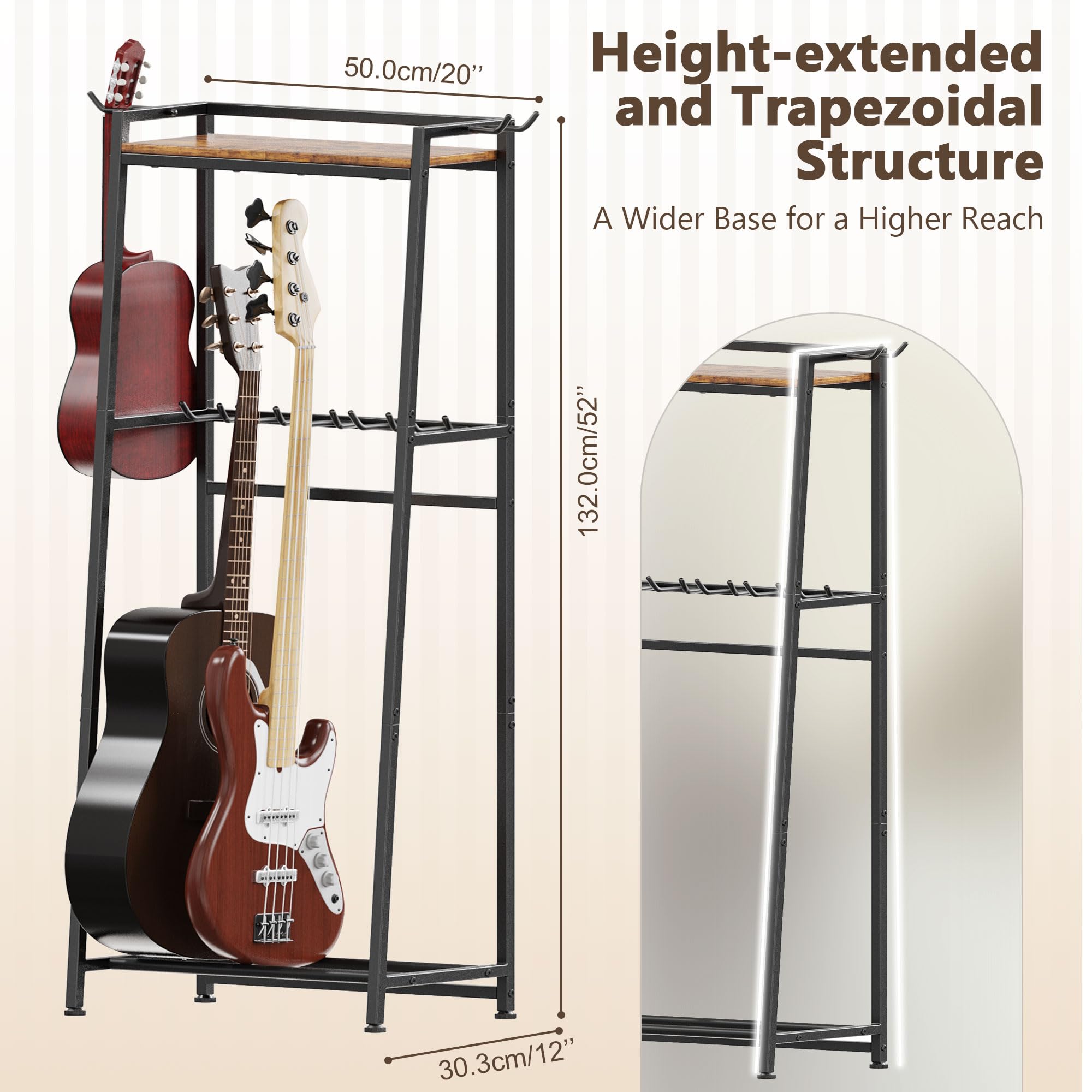 Guitarra Soporte para 5 - 7 Guitarras para Guardar Guitarra Acústica, Bajo, Ukelele,Tocadiscos, Envoltura de Espuma EVA de Doble Nivel, Soporte para Instrumentos Musicales (Marrón)