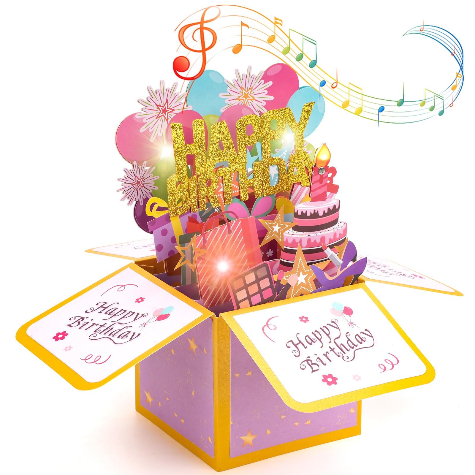 MOWETOO Happy Birthday Geburtstagskarte mit Musik, LED-Lichtern und ausblasbaren Kerzen – 3D Pop-Up Geschenkbox und Geburtstagsgeschenk für Frauen, Männer, Kinder & Erwachsene