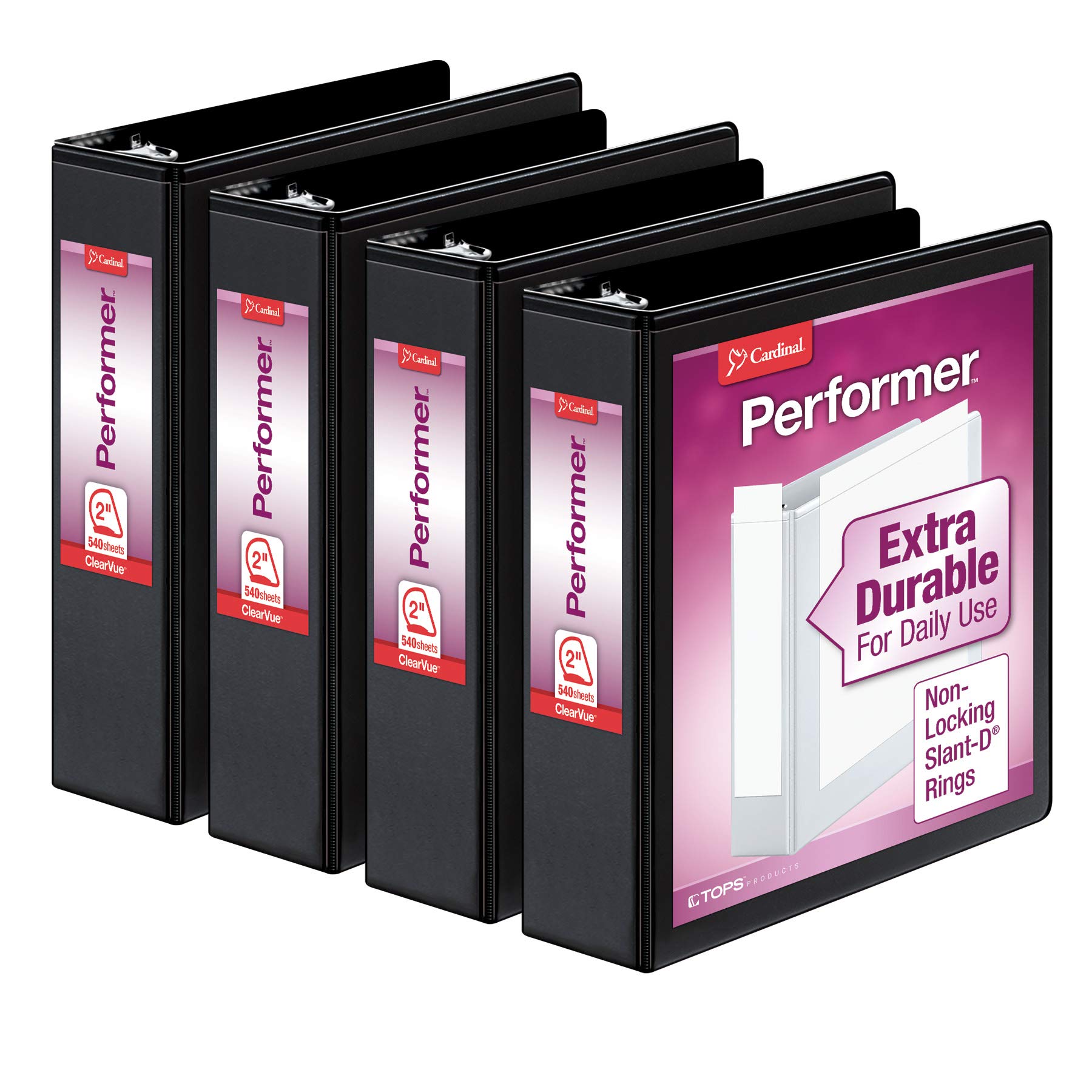 CardinalPerformer 3-Ring Binders, 2", Non-Locking Slant-D Rings, 540-Sheet Capacity, ClearVue Presentation, Non-stick, PVC-Free, Black, 4-Pack (27501)