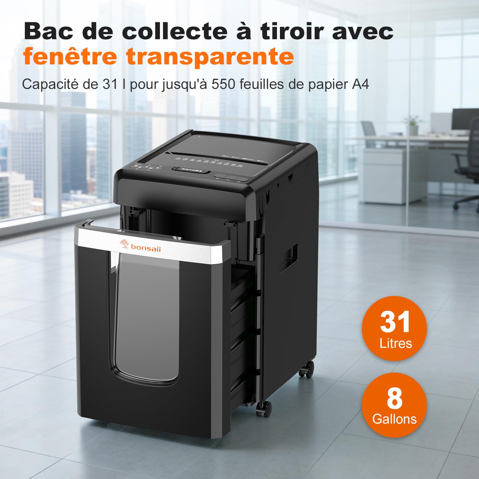 Bonsaii Destructeur de Documents Micro-Coupe P-4, Alimentation Automatique 300 Feuilles, 60 Min Continu, Bac 31L, C291-A