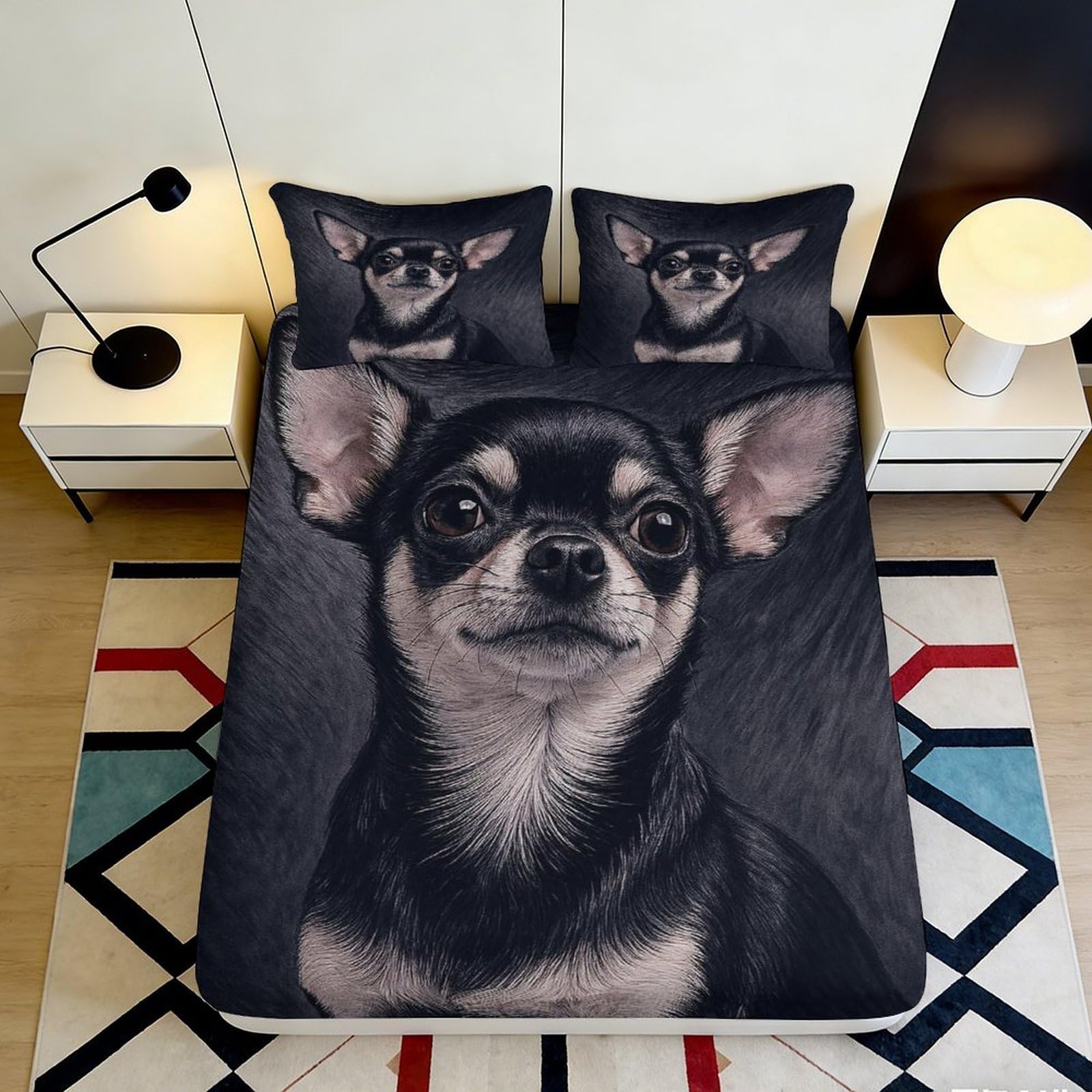 3D Printed Chihuahua Dog Fitted Sheet Microfiber Soft Decorative Bed Cover for Bedroom Guest Room Dorm Mattress Protection 90x200x25cm
