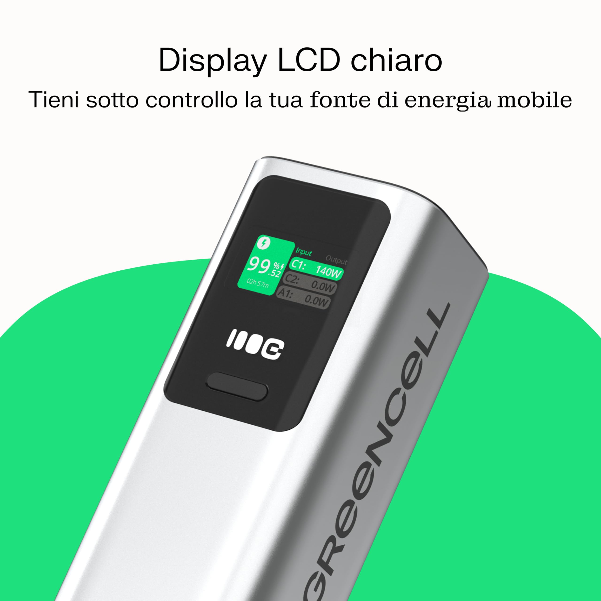 Greencell PowerPlay Ultra Powerbank 25200 mAh 140 W, USB-C PD, ricarica rapida per laptop, MacBook, iPhone 16/15/14 Pro Max, display LCD, caricatore esterno per dispositivi ad alto consumo energetico