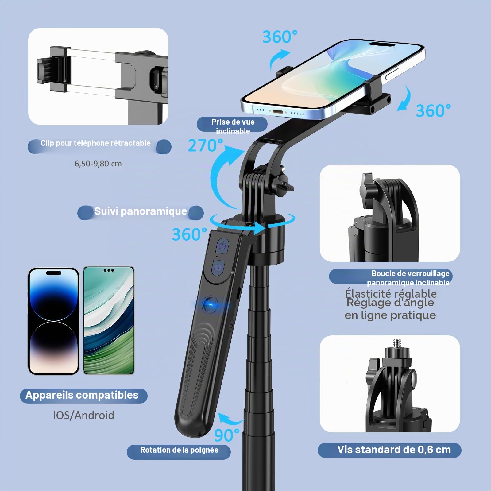 Automatique Visage Suivi Trépied avec Lumière, Rotation à 360 ° Trepied Smartphone 180cm，Trépied pour Téléphone, Compatible avec iPhone et Android, pour Les Voyages,Enregistrement Vidéo