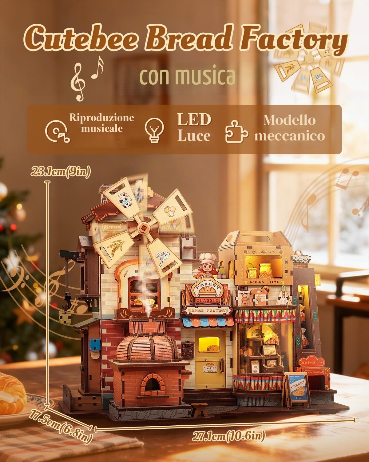 CUTEBEE Puzzle 3D Legno Bread Factory – Modellismo da Costruire Adulti con Luci LED, Musica e Meccanismi Rotanti, Kit 576 pezzi, Miniature da Costruire, Decorazione per Libreria, Regalo Creativo