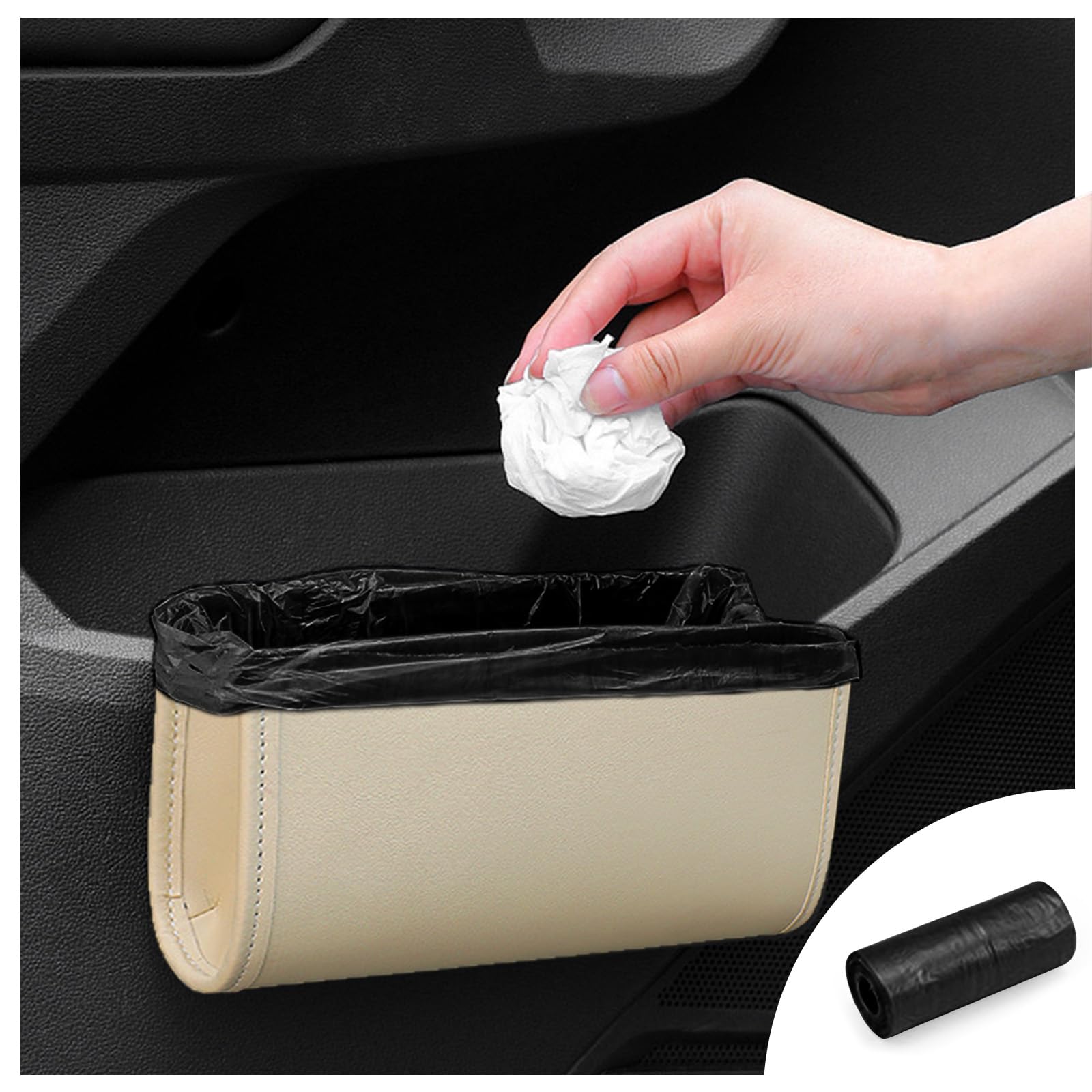 Car Trash Can, Beige Universal Leather Foldable Leakproof Garbage Bins Organizer Holder with One Roll Trash Bag, Car Seat Back Storage Box for Most Vehicles