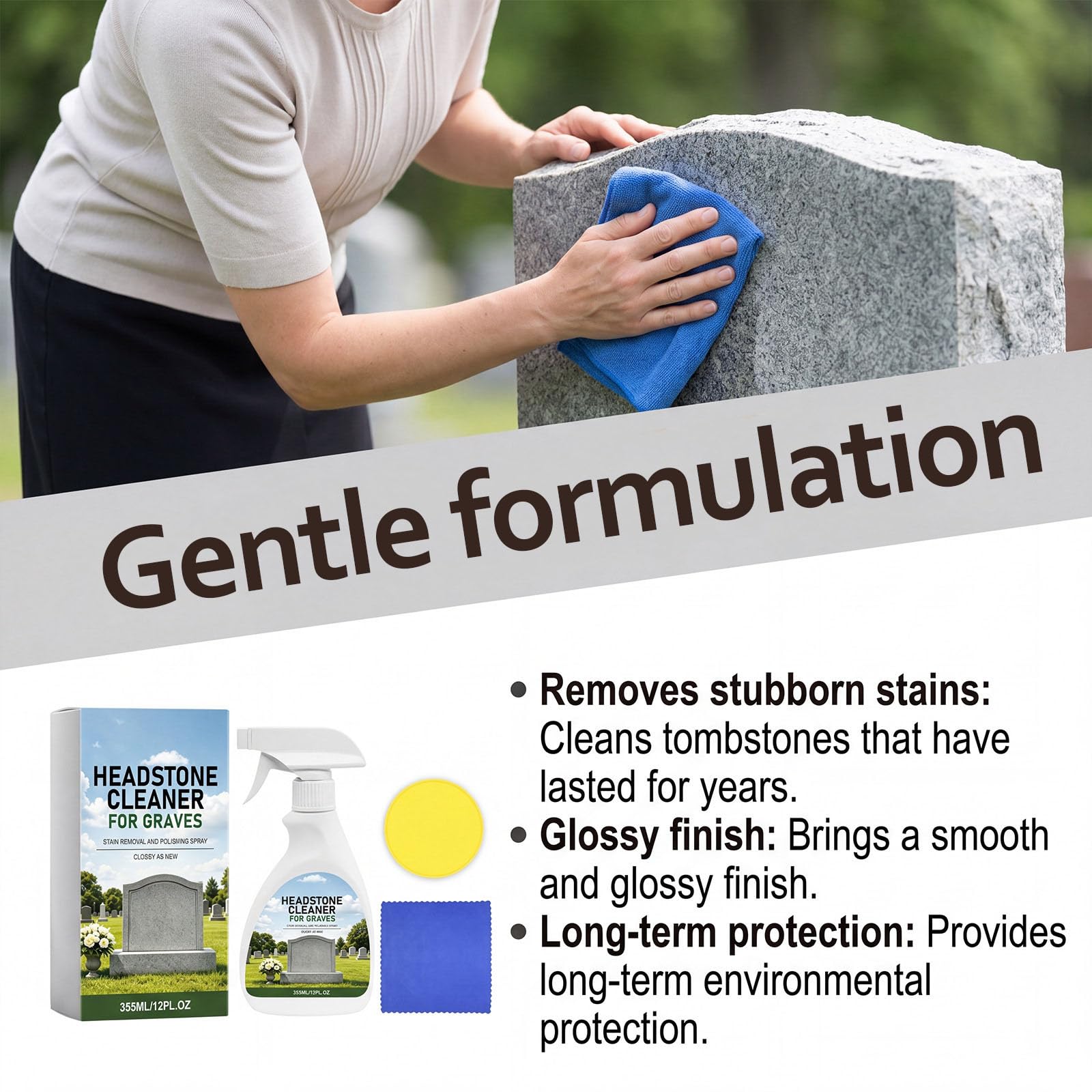 Spray limpiador de lápidas y tumbas para granito y mármol cementerio, juego de limpieza de lápidas y monumentos con paño y esponja, spray de limpieza y pulido para el cuidado (3 unidades)