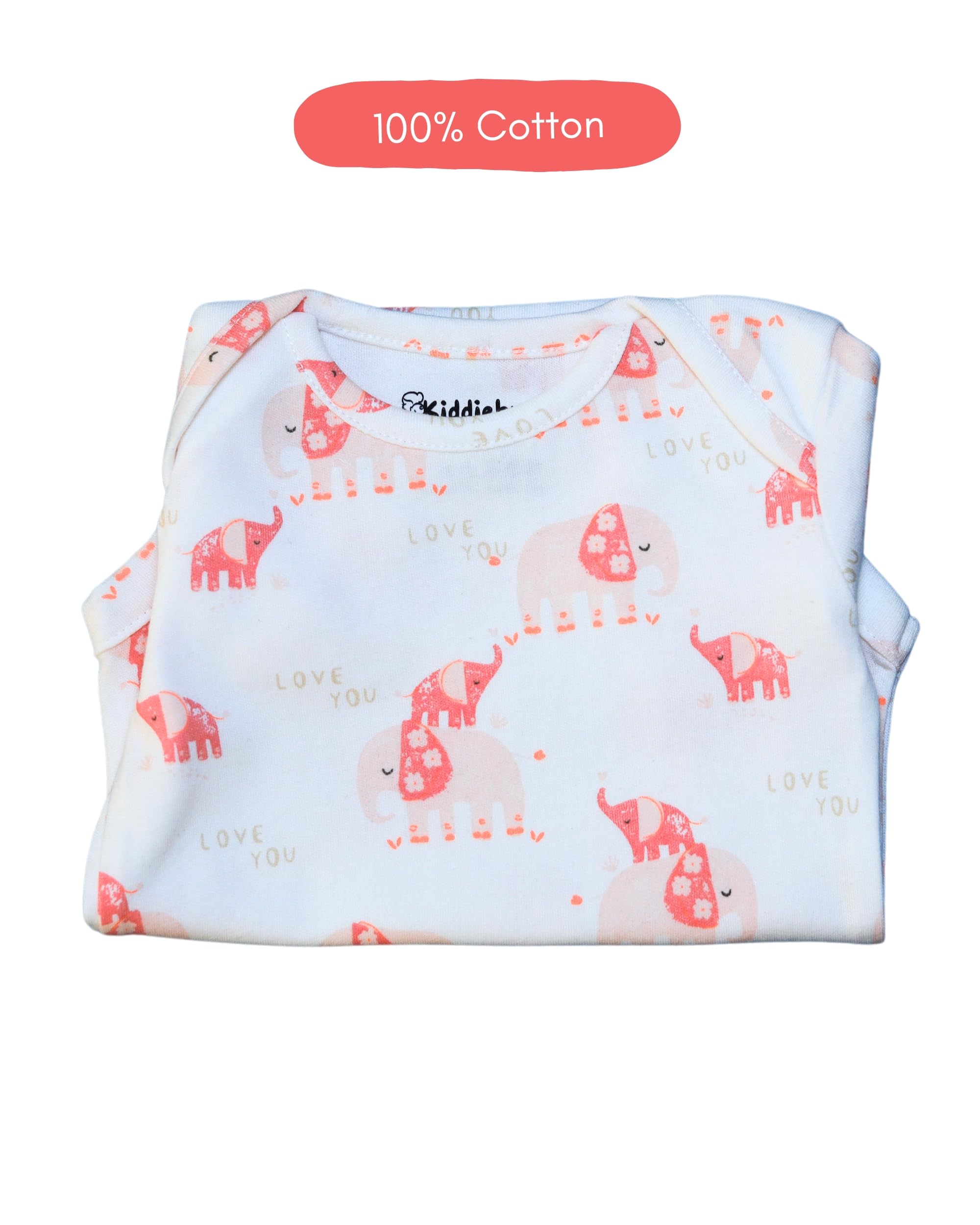 Kiddiebumz Unisex Baby Romper, Elephants Print, 100% Cotton Soft Fabric, Short-Sleeve Bodysuit, Comfortable Baby Outfit, Onesie for Baby Boys & Girls (0-12 Months) (1, Pink Elephants, 6-9 Months) 2