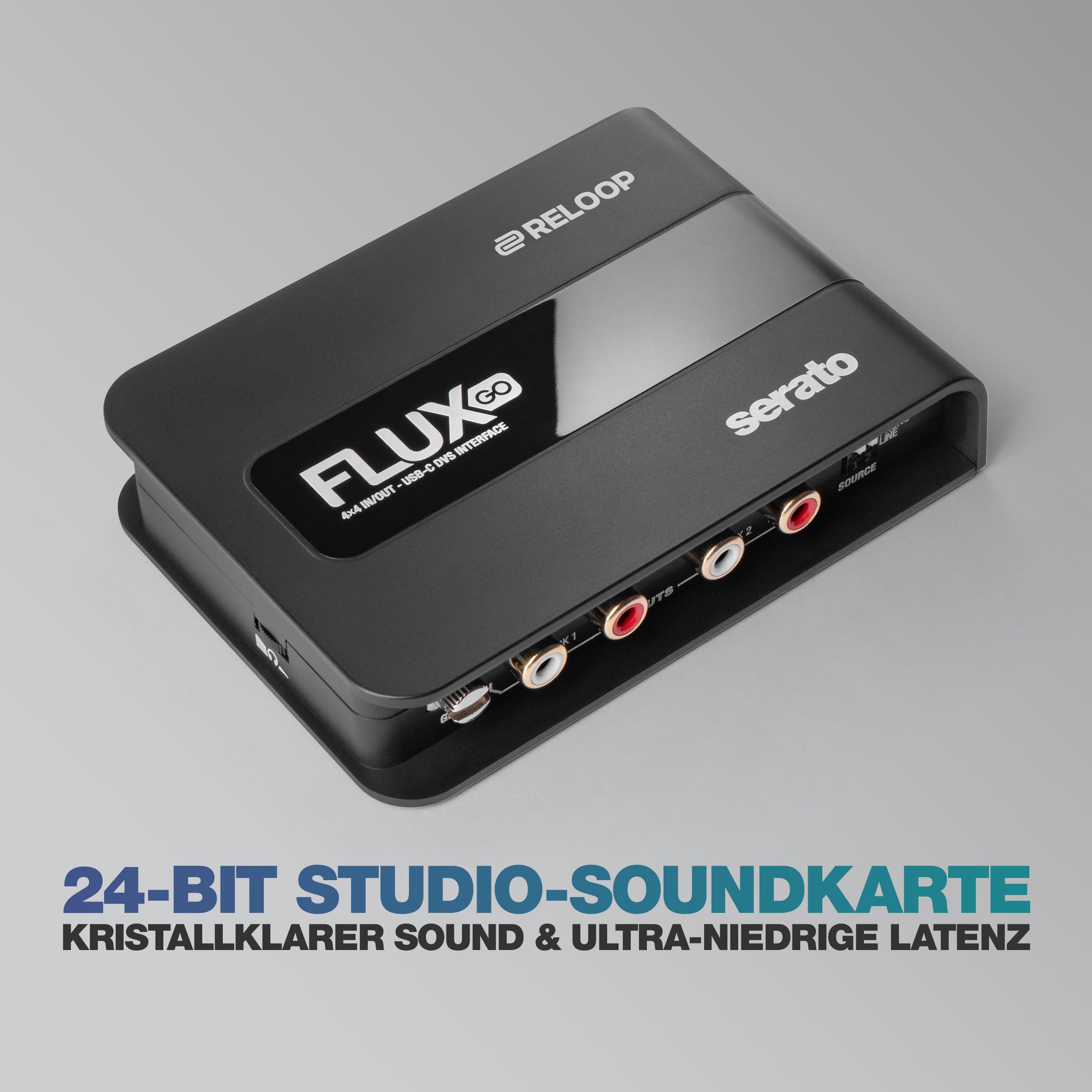 Reloop Flux Go - Studio-Soundkarte mit 24-bit(class compliant) für kristallklaren Sound und ultra-niedrige Latenz