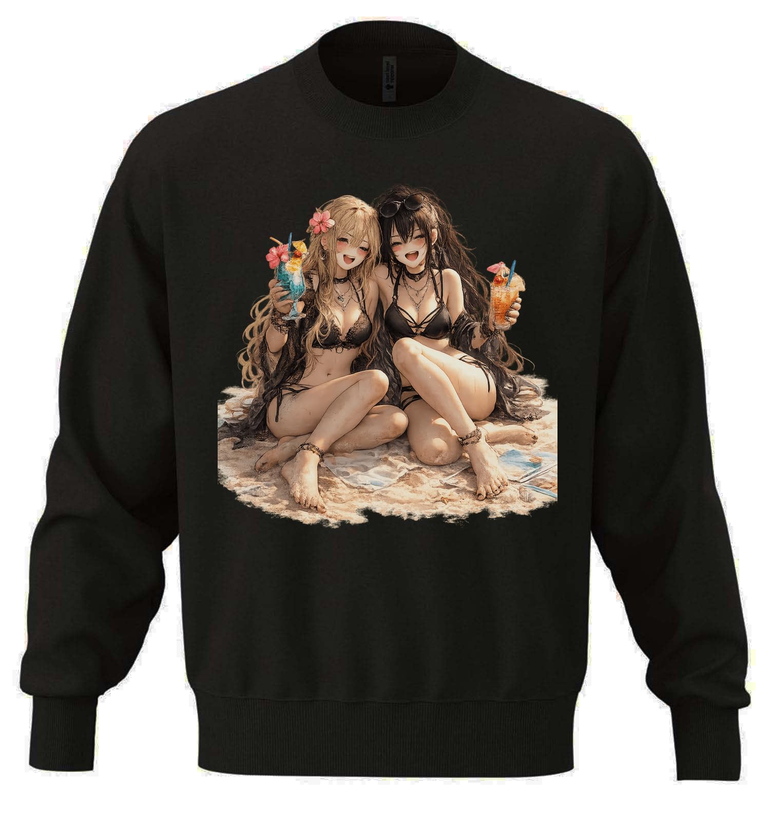 Dwie kobiety śmiejące się cieszące się plażowymi napojami unisex oversize mieszanka bawełny ciężka bluza czarna