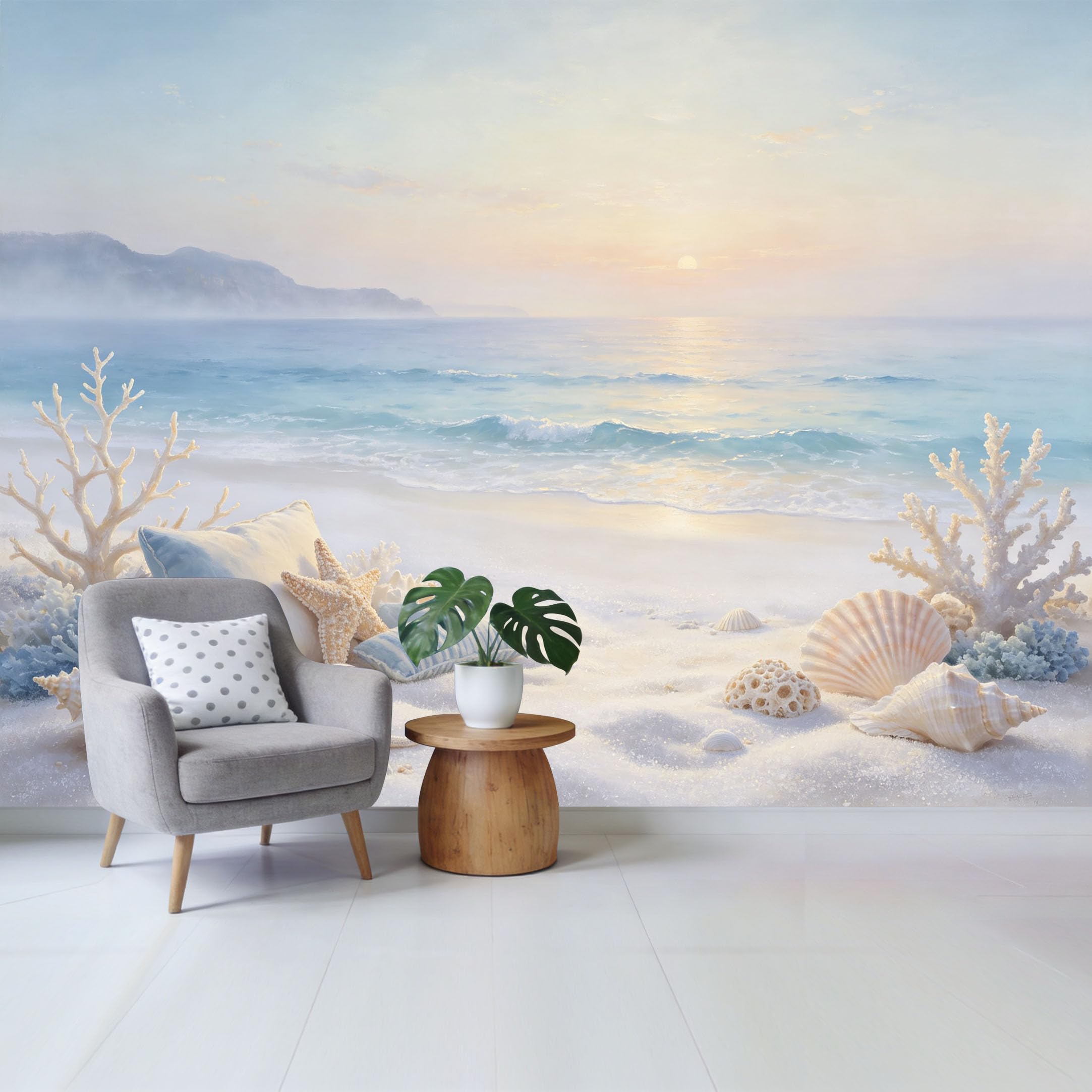 Qzlithotic Yq2605251189 Custom Size Wall Mural Coastal Sunrise Beach Scenery Starfish Seashells Coral Reef Watercolor Style Selfadhesive Wall Fabric Removable Wallpaper For Home Office Decor