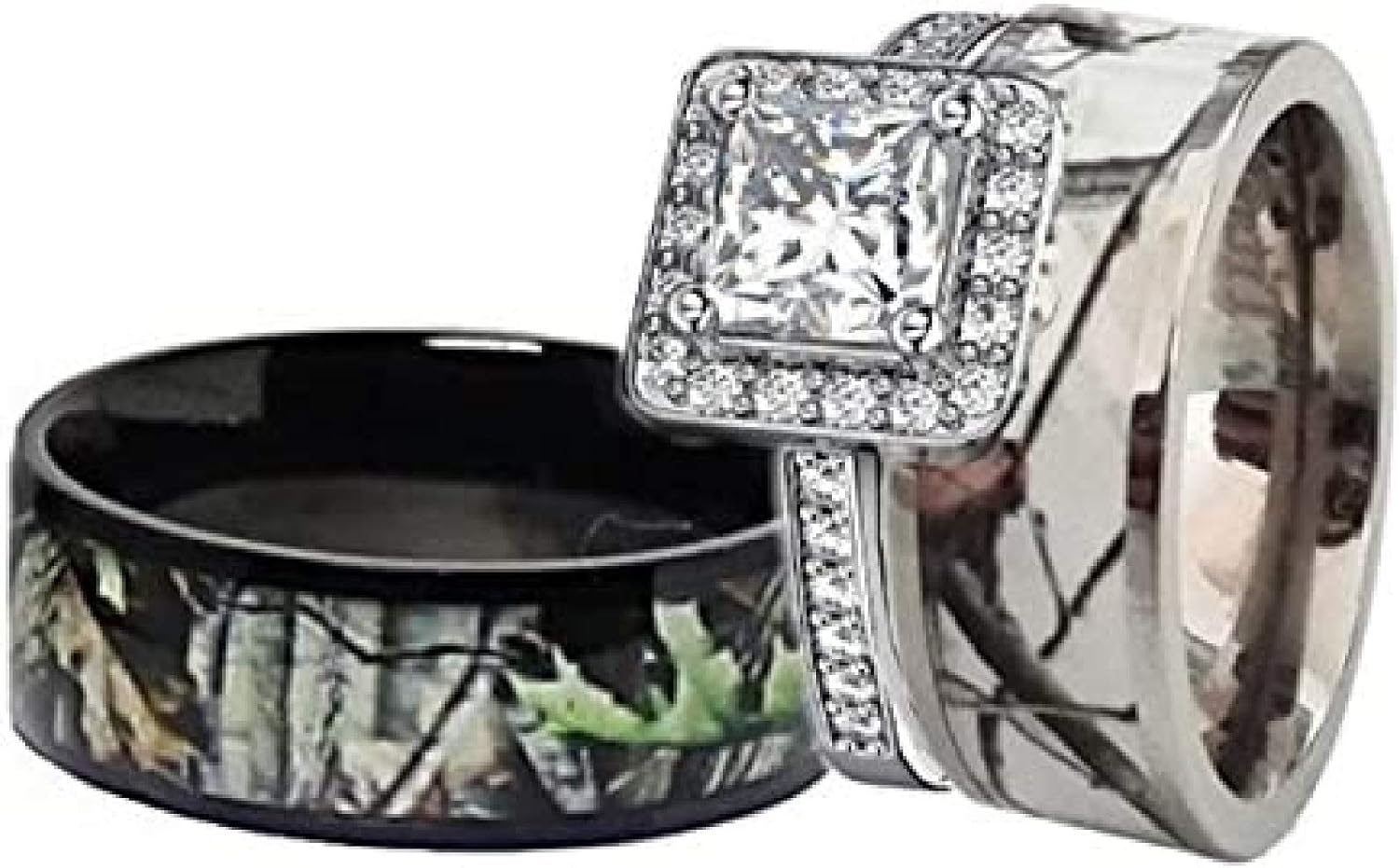 His and Hers Camo Wedding Ring Sets Black and White Camo