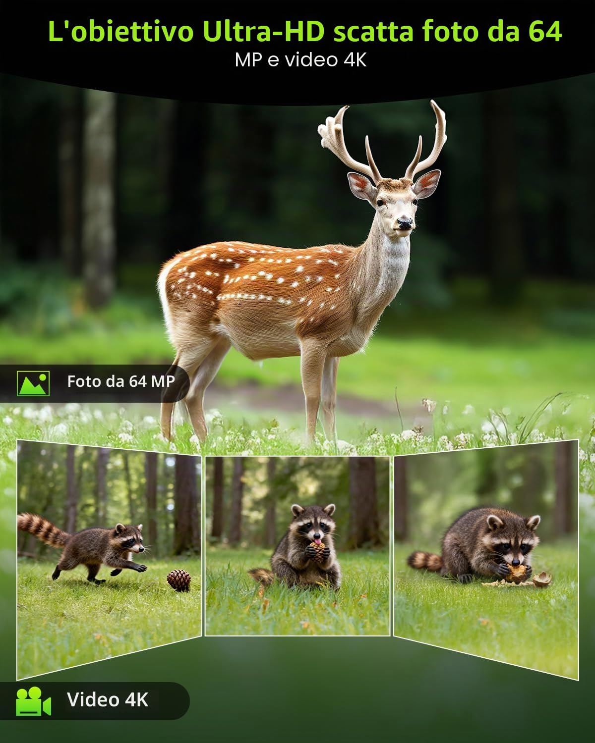 KJK 4K 64MP Fotocamera Caccia WiFi con scheda SD da 64 GB, IP67 Impermeabile Fototrappola Infrarossi Invisibili con Velocità di Trigger 0.05s, 130°Angolo ampio Schermo a colori HD