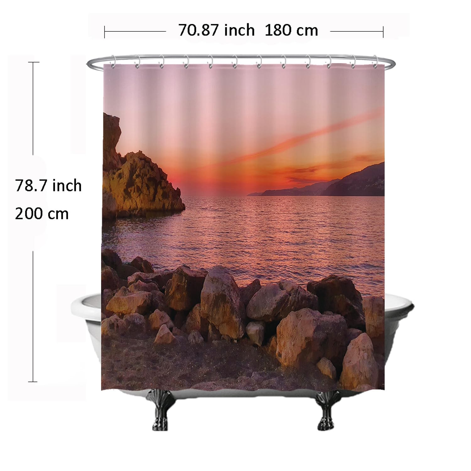Ulticool, Shower Curtain, Sunset Sea Sand Beach Rocks Spain, 180 x 200 cm, Bathroom Curtain, Washable, Anti-mildew - Image 2