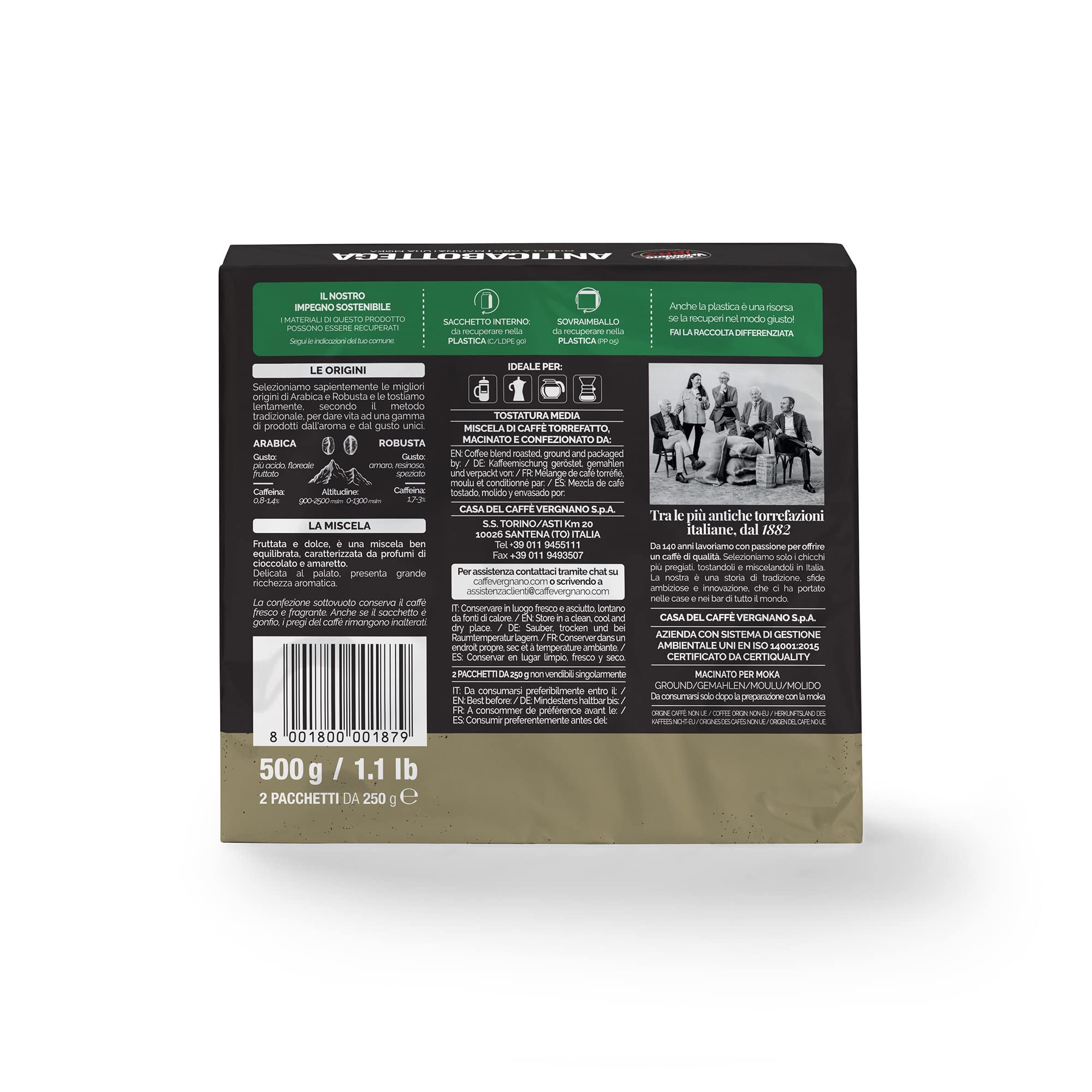 Caffè Vergnano 1882 - Anticabottega - Caffè Macinato moka - 2 x 250g (totale 500g) (Confezione da 4)