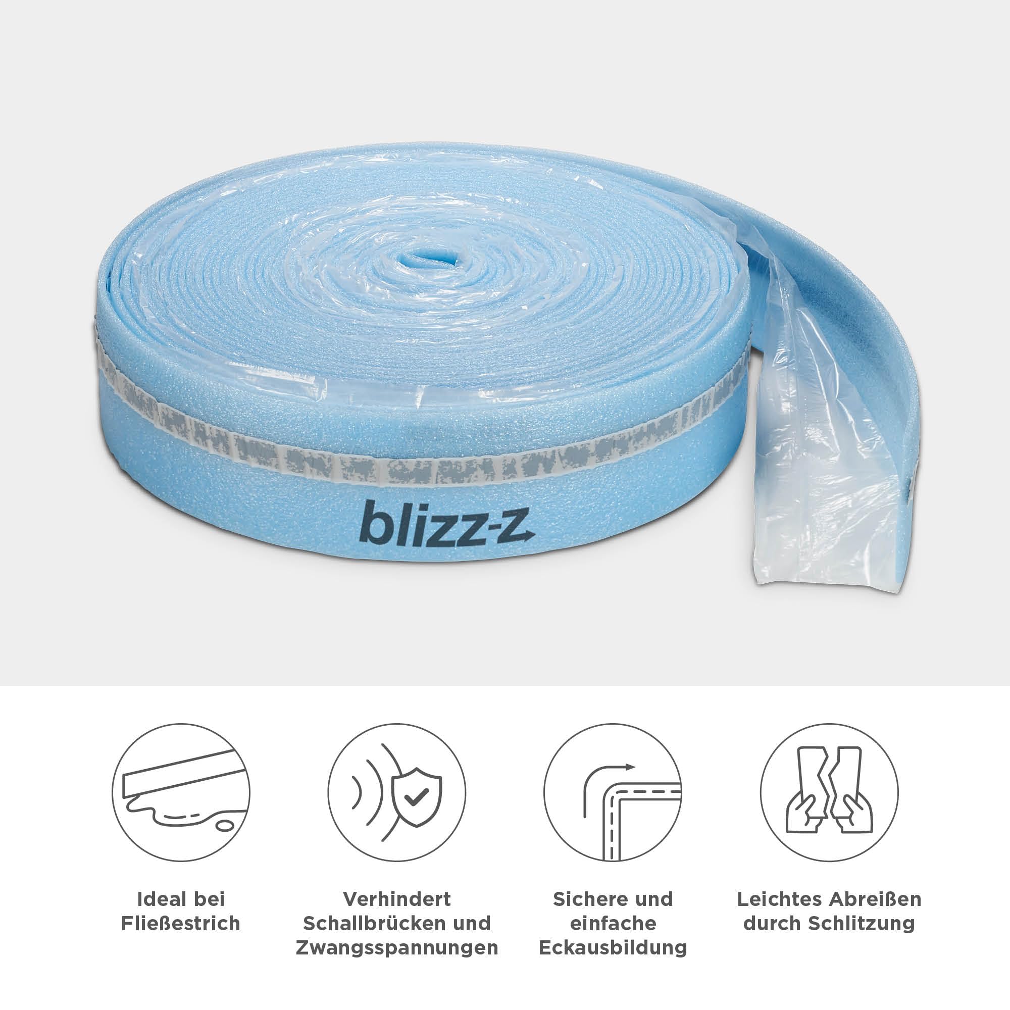 blizz-z protect Estrich-Randdämmstreifen mit Anschlussfolie (selbstklebend) | 50 m x 8 mm x 100 mm (1 Rolle) | für Estrich, Boden, Fußbodenheizung | Polyethylen