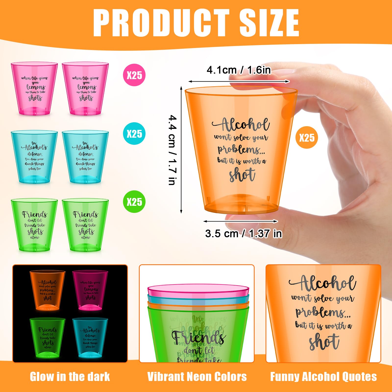 Roshtia 100 vasos de chupito divertidos de 2 onzas para adultos y amigos, vasos de chupito desechables de neón coloridos para amigos, despedidas de soltera, cumpleaños, bodas, regalos de fiesta de