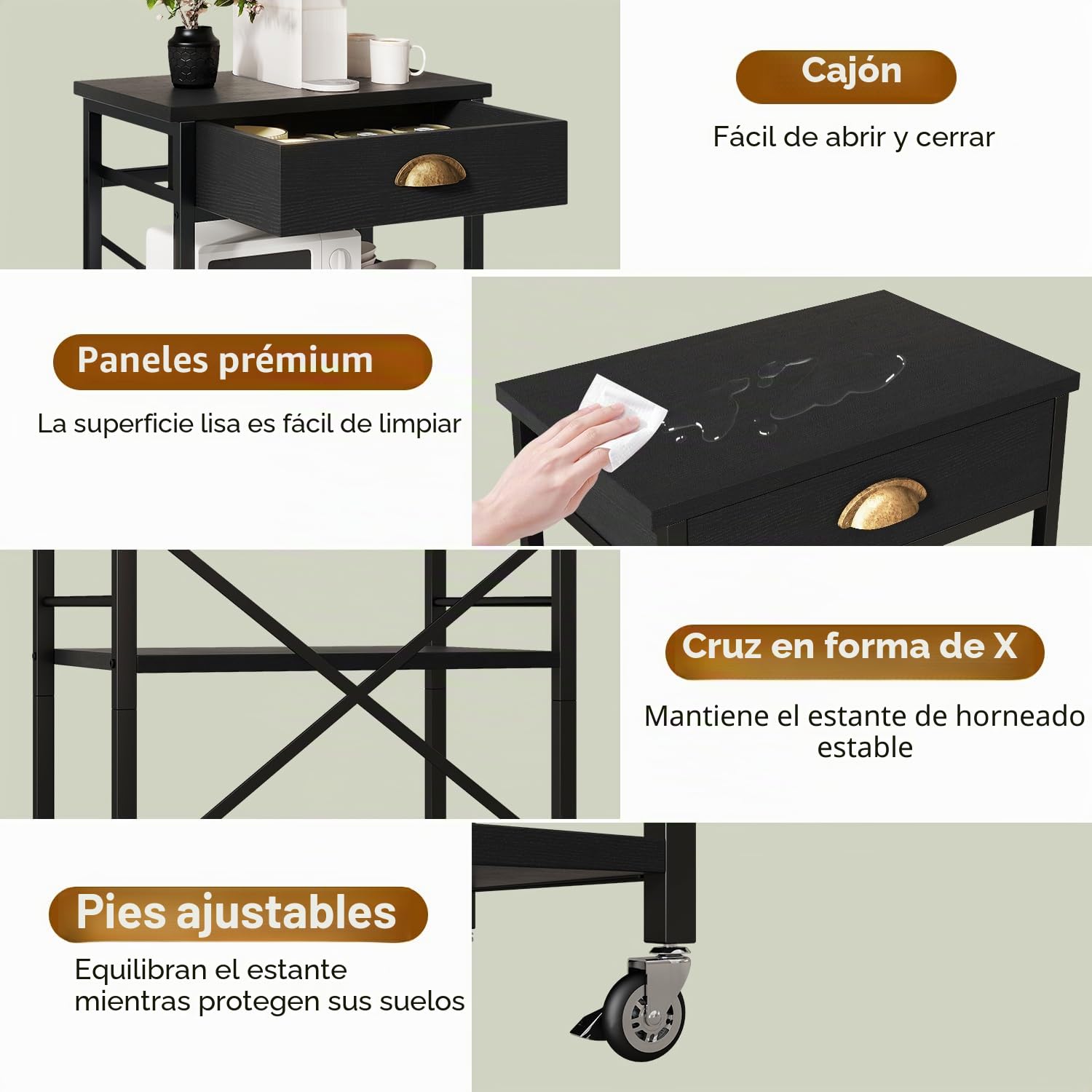 IBUYKE - Estante de cocina para panadería con cajones, soporte para horno de microondas de 3 niveles con almacenamiento, mesa de barra de café con ruedas, estante ajustable, montaje simple, negro