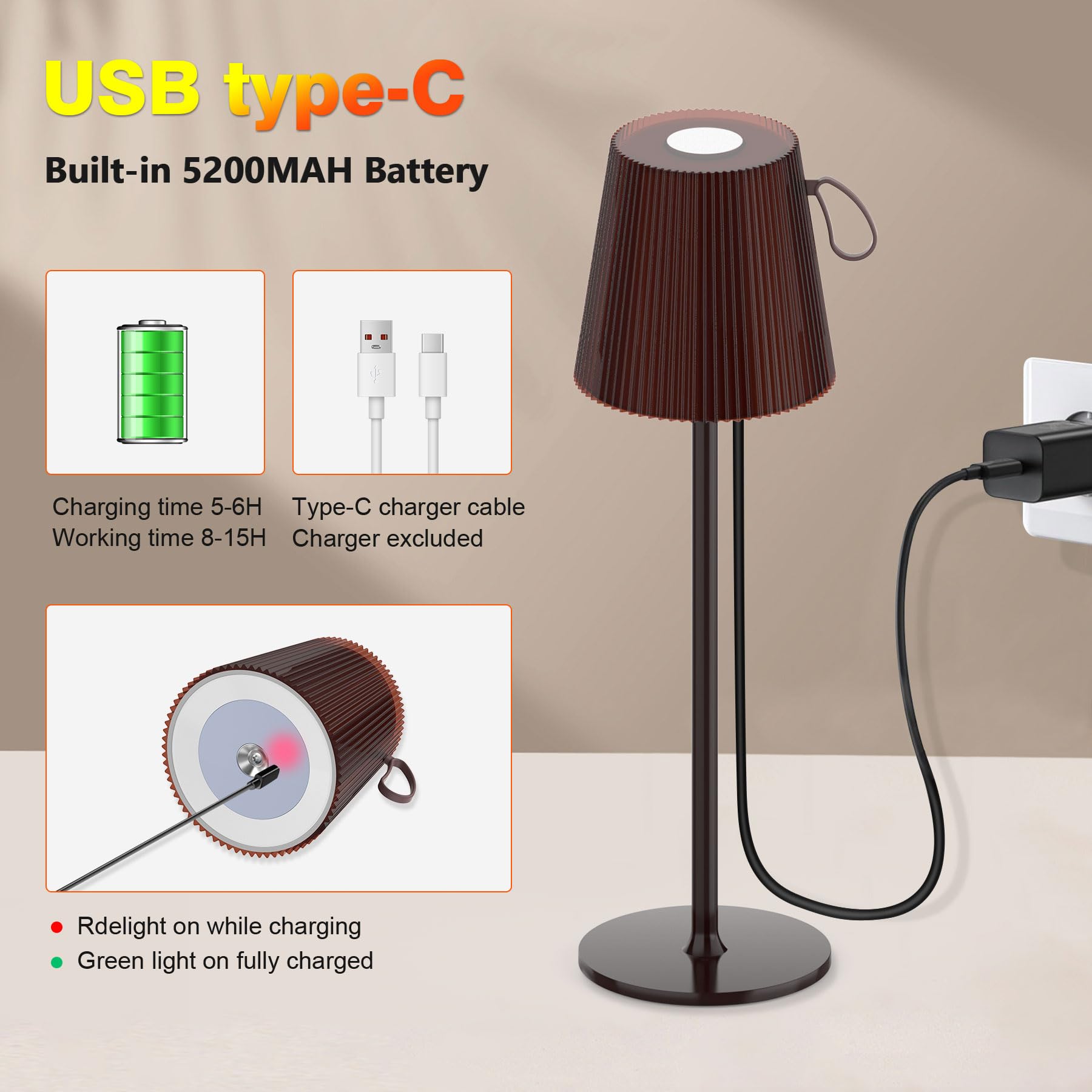 Jueholla Lampada da Scrivania, Lampada da Tavolo Senza Fili, Colore Luce Bianca 3000K+RGB, Design Magnetico, IP54 Impermeabile per Interni ed Esterni da Letto, Marrone