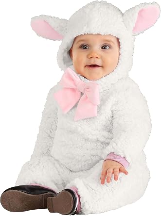 Infant Little Lamb Sheep Costume with Ears Headpiece & Pink Bow, Farm Animal Jumpsuit for Babys First Halloween