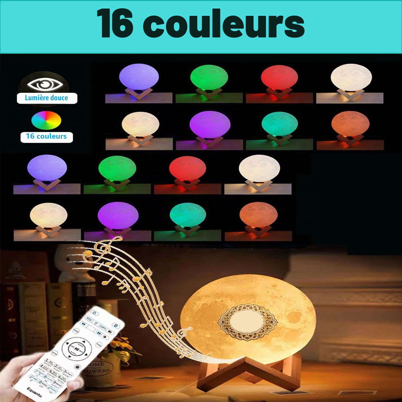 Quran Lampe de lune Bluetooth Quran Smart Touch - Veilleuse LED 3D - 16 couleurs - Lecteur haut-parleur coran - Télécommande - Petite lampe lune (A)