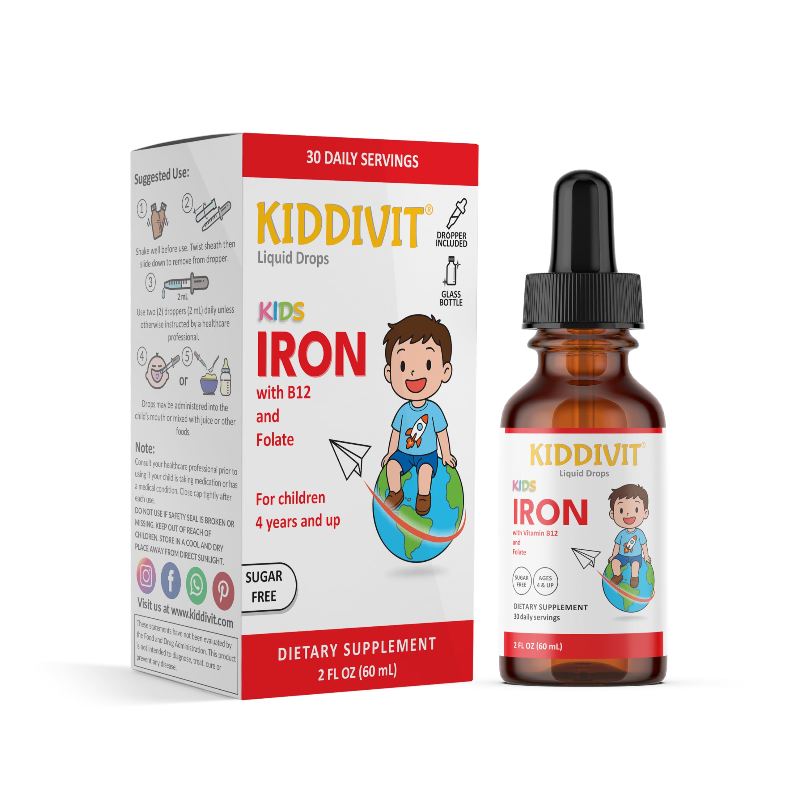 Iron Kids Liquid Drops with Vitamin B12 & Folate – 30 Daily Servings, 2 FL OZ (60 mL) – Gentle Formula, Sugar Free, Gluten Free, Vegetarian