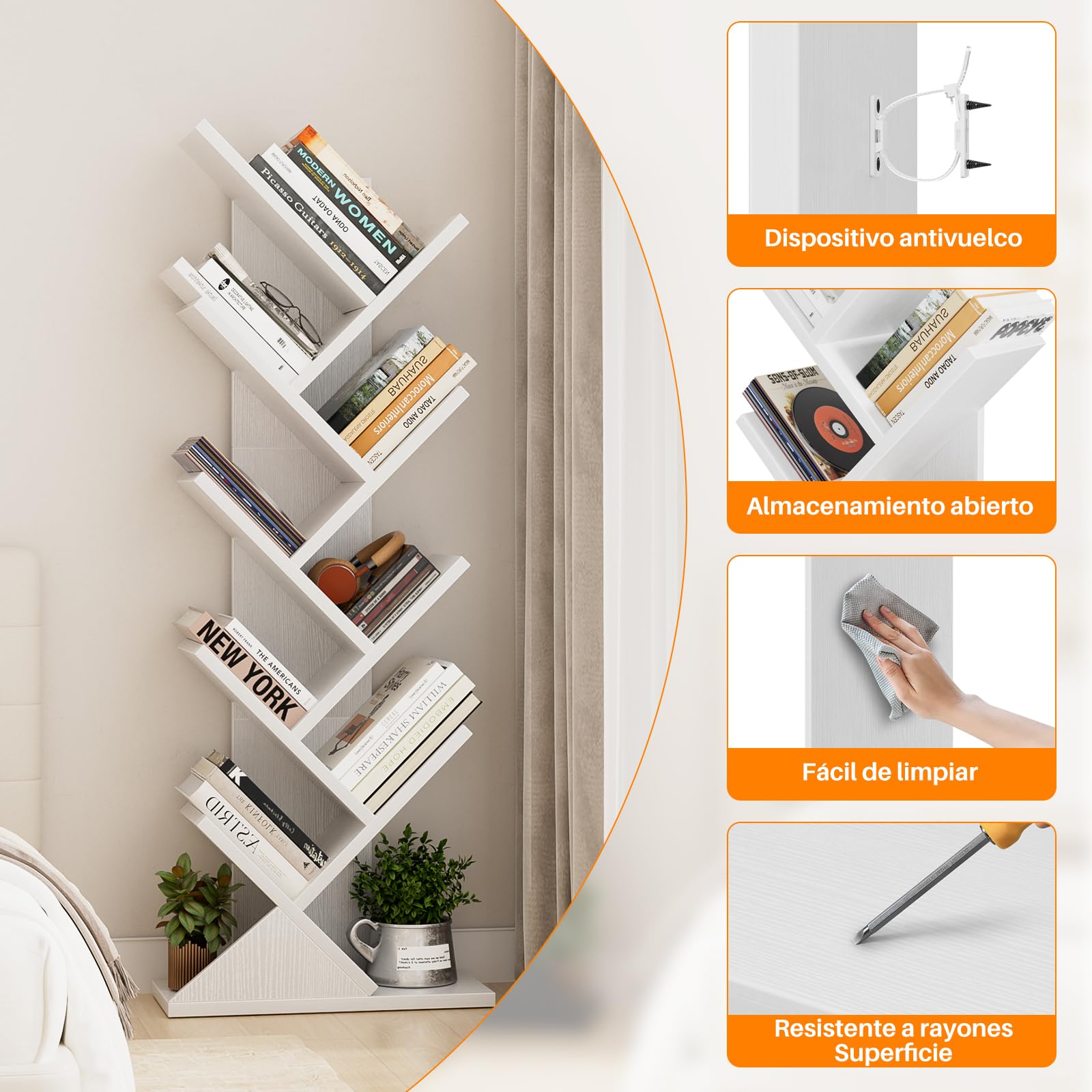 iSunirm Estante de Pie de Árbol,Librería de 9 Niveles,Estante de Libros de Pie para Piso,Estanterías de Almacenamiento de Exhibición para Sala de Estar, Hogar,Oficina,Blanco