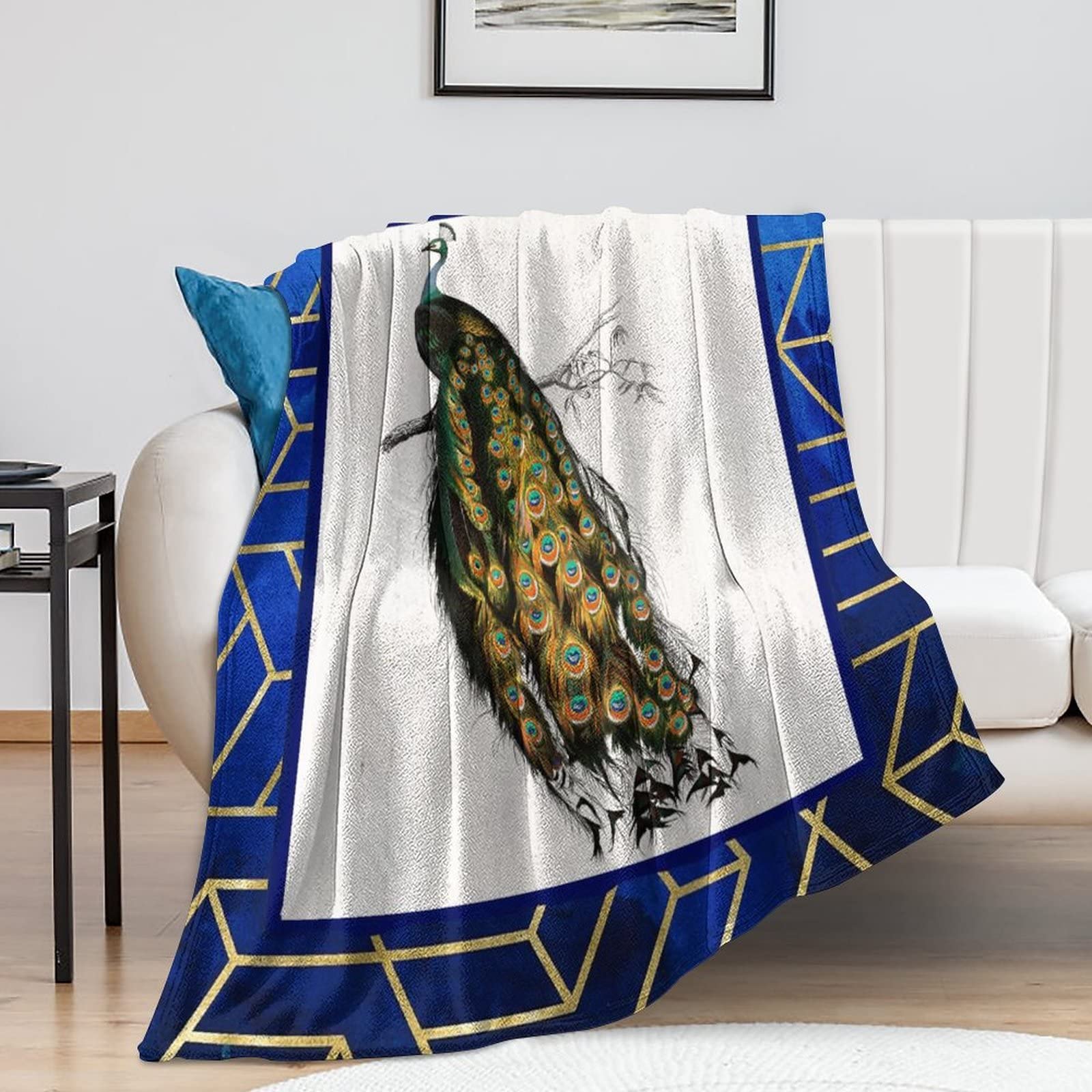 Couverture de voyage paon en flanelle réversible 152x203 cm pour lit et canapé