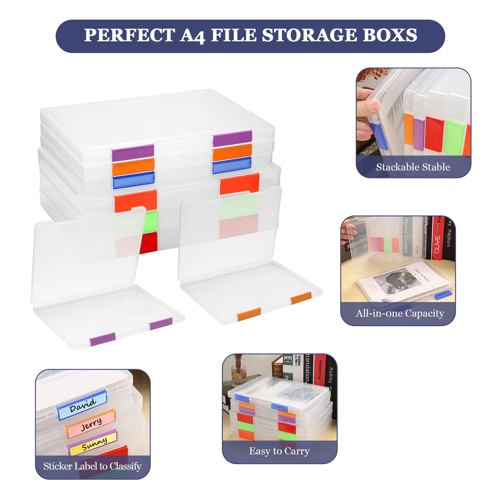 6 Pcs Clear A4 File Box A4 File Portable Project Case Plastic File Storage Box Board Game Storage Scrapbook Paper Storage Boxes with Buckle and Colorful Sticker Labels Documents Magazines Holder - Image 3
