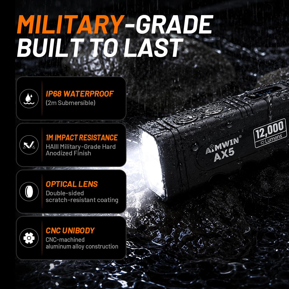 AIMWIN AX5 Linterna LED 12000 Lúmenes Recargable Alta Potencia con Modo TURBO Carga Rápida USB-C Impermeable IP68 Linterna Táctica con Pantalla OLED Rapid Lock