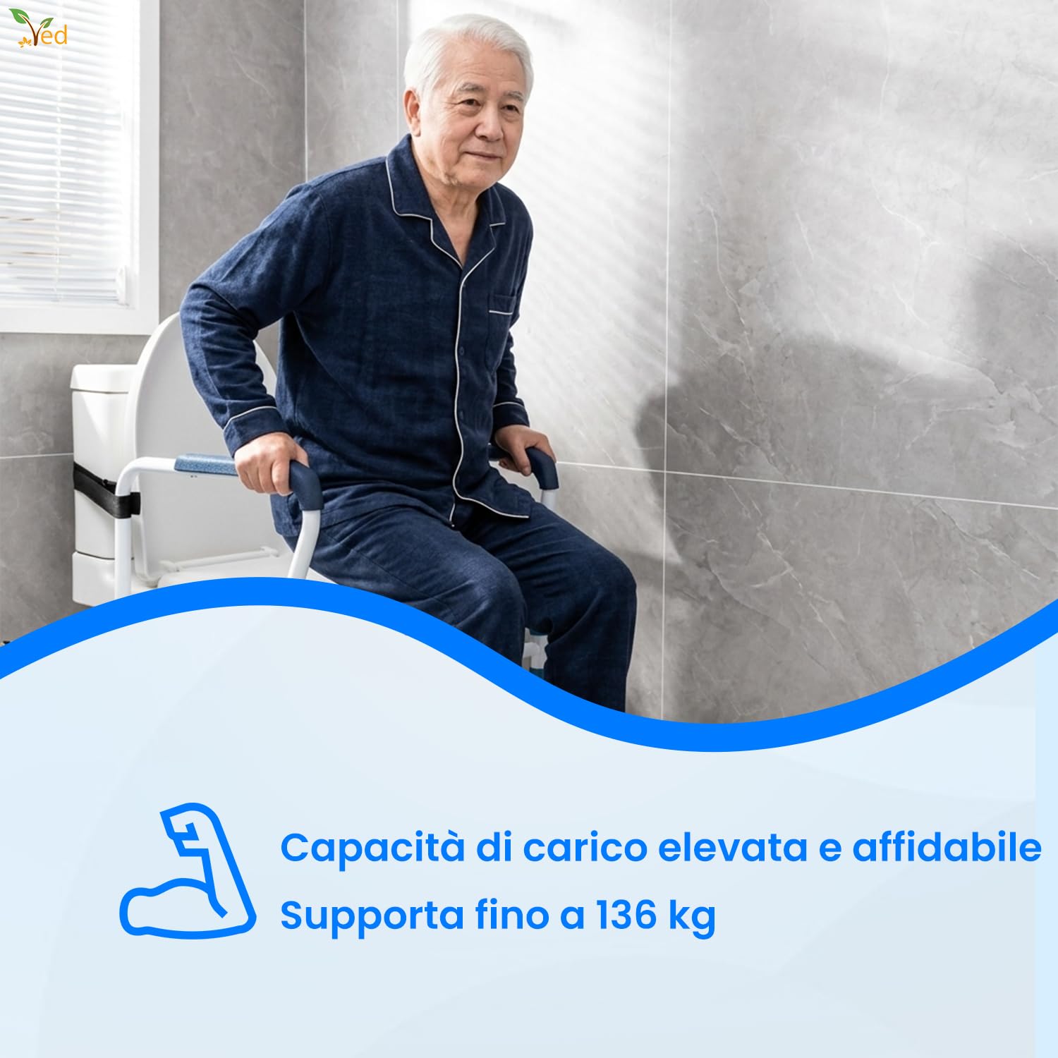 VED Barra di Sicurezza per WC in Acciaio Migliorato con Morsetto Fissabile, Assistenza per WC, Barre per Disabili