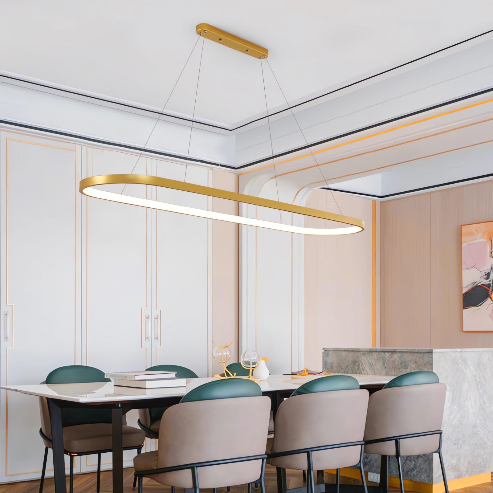 LED restaurant pendant light Oval dimmable pendant light with remote control Height-adjustable pendant light with memory function for restaurant kitchen study livingroom office bar (gold, 120cm)