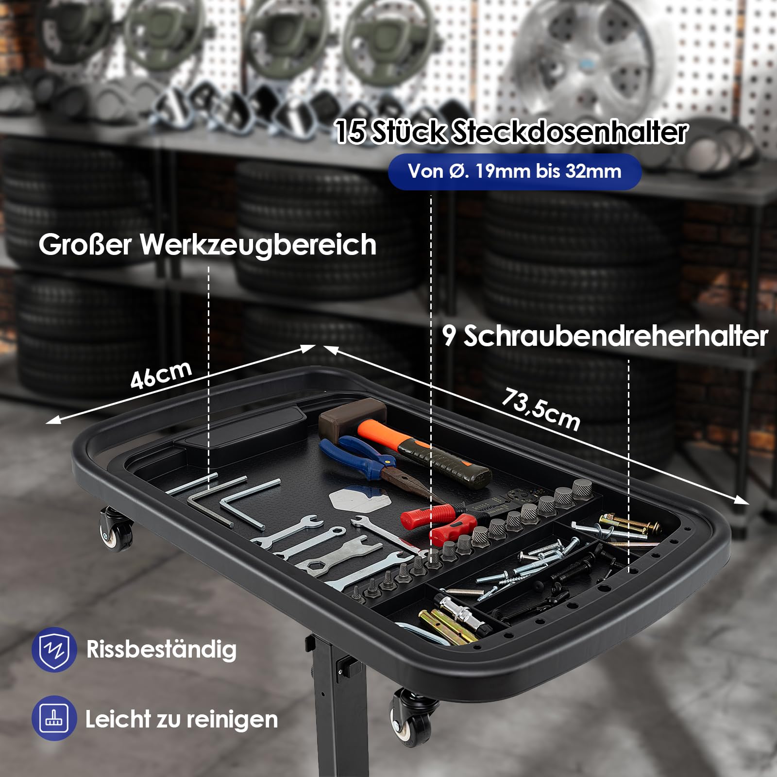 GYMAX Mesa de Trabajo Rodante, Mesa de Trabajo 2 en 1 con Bandeja de Piezas Desmontable, Mesa de Trabajo Móvil Pesada y Ajustable con 4 Ruedas, Banco de Trabajo Portátil con 2 Ruedas con Freno
