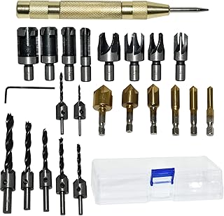 Eagles Woodworking Drilling or Chamfer Tool,8PCS Wood Plug Cutter,6pcs 1/4" Hex 5 Flute 90 Degree Countersink Drill Bits,7pcs Three Pointed Countersink Drill Bit with L-Wrench, Automatic Center Punch