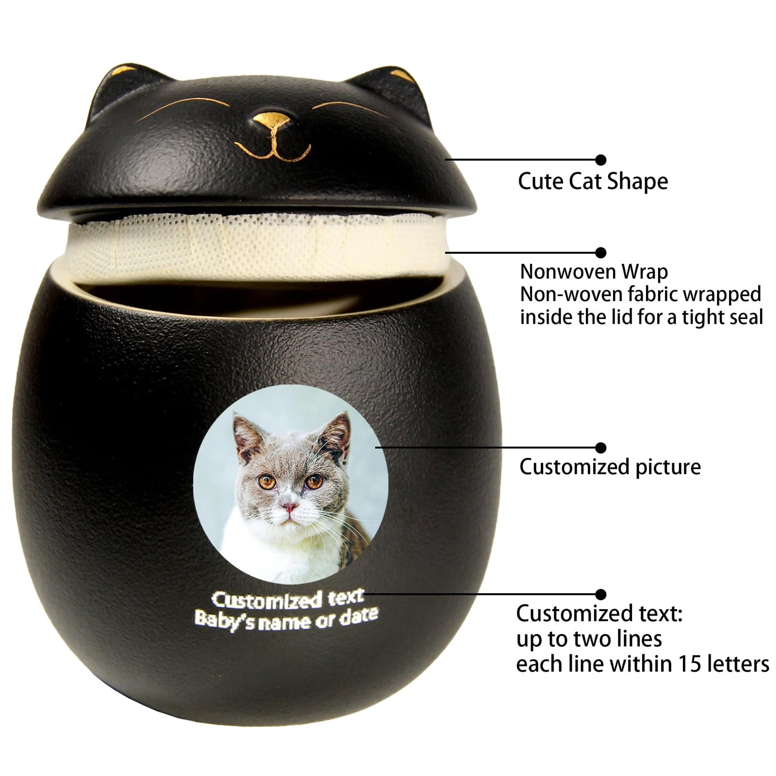 Urnas de Mascotas para Cenizas de Gatos - Urna de Gato Personalizada para Cenizas Urna de cerámica en Forma de Gato Urnas de cremación de Mascotas Cat Memorial Urnas,Negro,Little