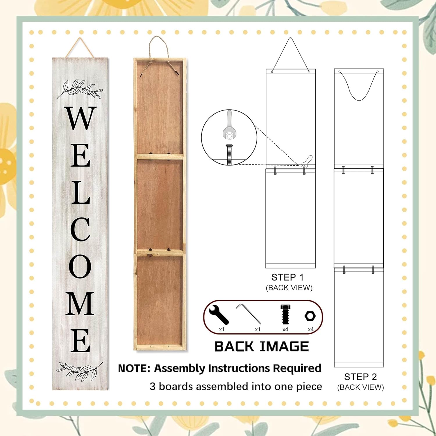 Welcome Sign for Front Porch Standing - Wooden Vertical Hanging Farmhouse Decor With Leaves for Front Door and Home Decorations 47.2"H