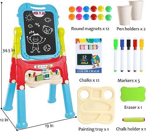 Miniatura 5 de Caballete de arte para niños pequeños, pizarra blanca magnética de doble cara y pizarra con accesorios de pintura, caballete giratorio, juguete de