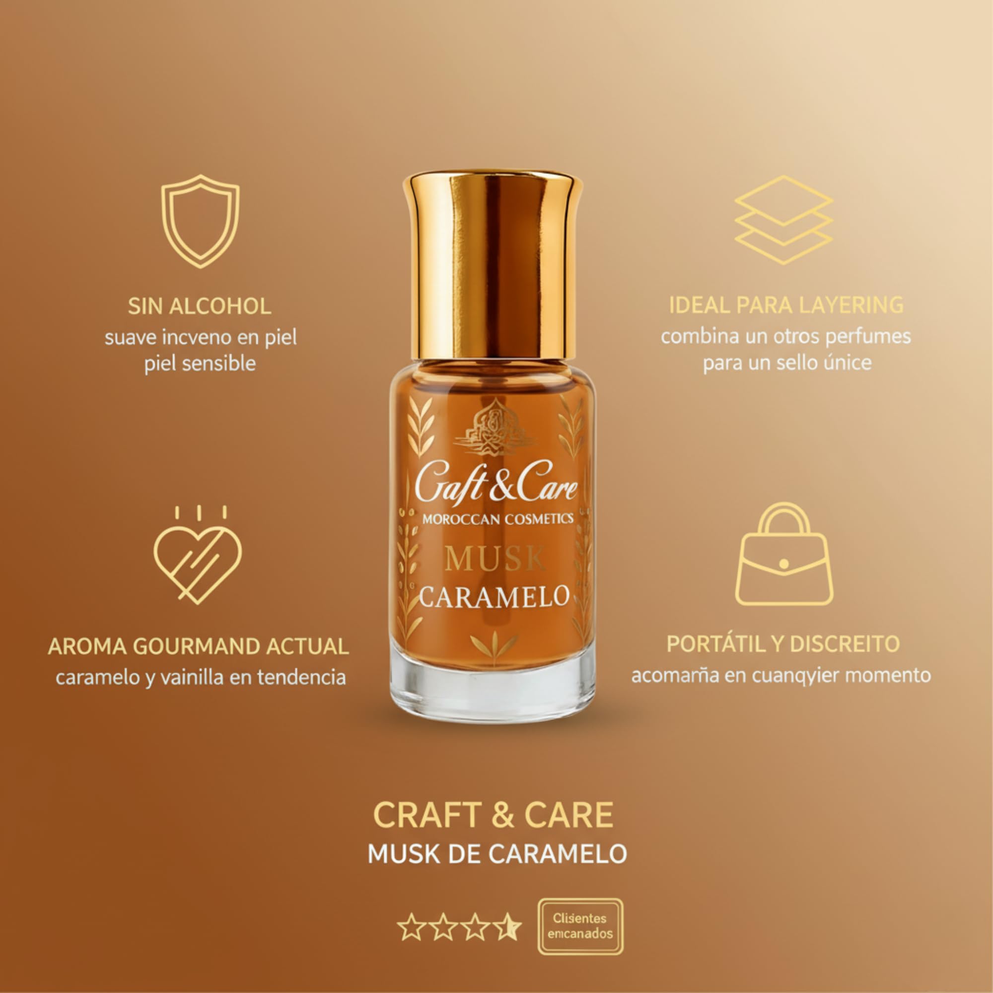 Craft & Care – Musk Caramelo Perfume Árabe Hombre & Mujer | Aceite Perfumado SIN ALCOHOL | Fragancia Dulce y Cremosa con Almizcle Suave, Atractiva, Cálida y Envolvente (3, Caramelo)